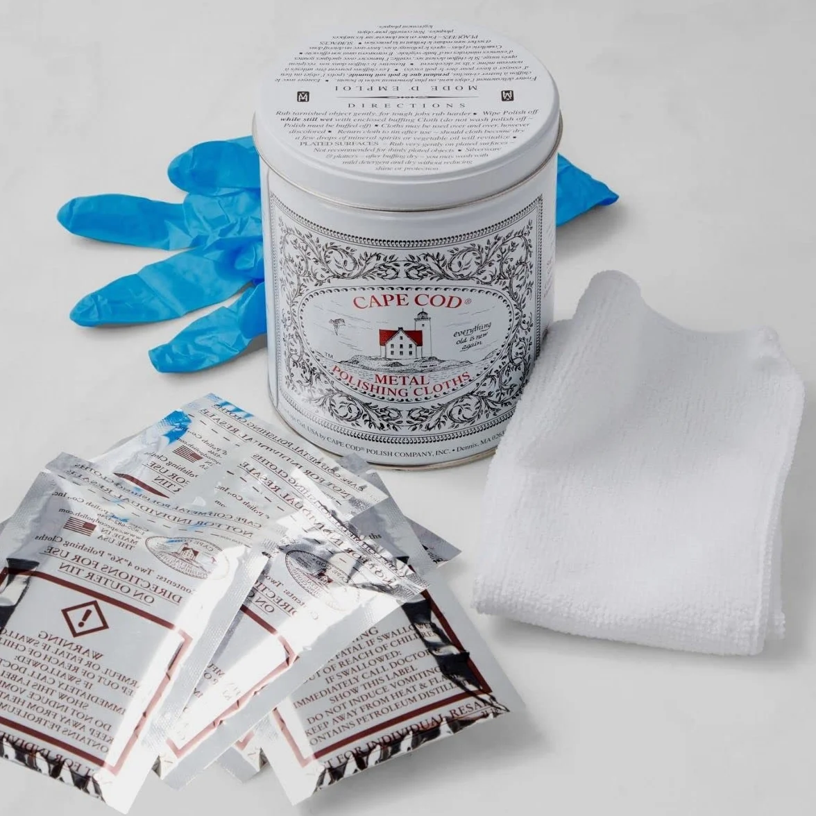 Cape Cod Economy Tin Metal Polish 8828 4 x 6 12 x 12 Polishing Cloth Nitrile Gloves