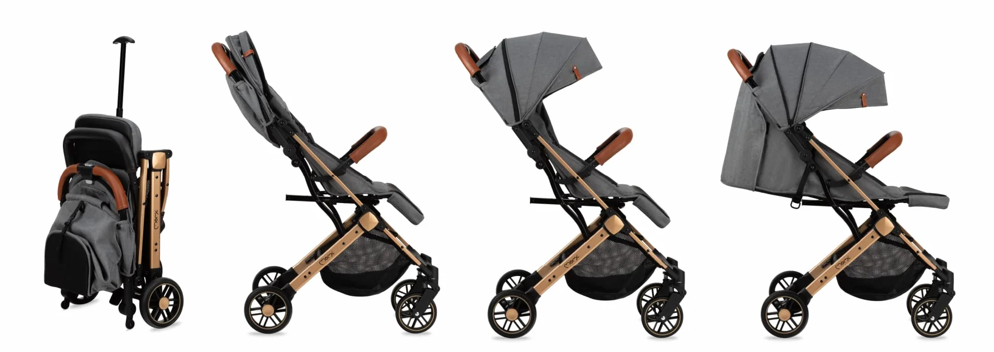 MOMI ESTELLE wózek dziecięcy dla dzieci od 6 miesięcy, do maks. wagi ciała 15 kg, składany do wymiarów 65 x 51 x 21 cm, waga 7,5 kg, 5-punktowy pas bezpieczeństwa, walizka, szaro-złoty