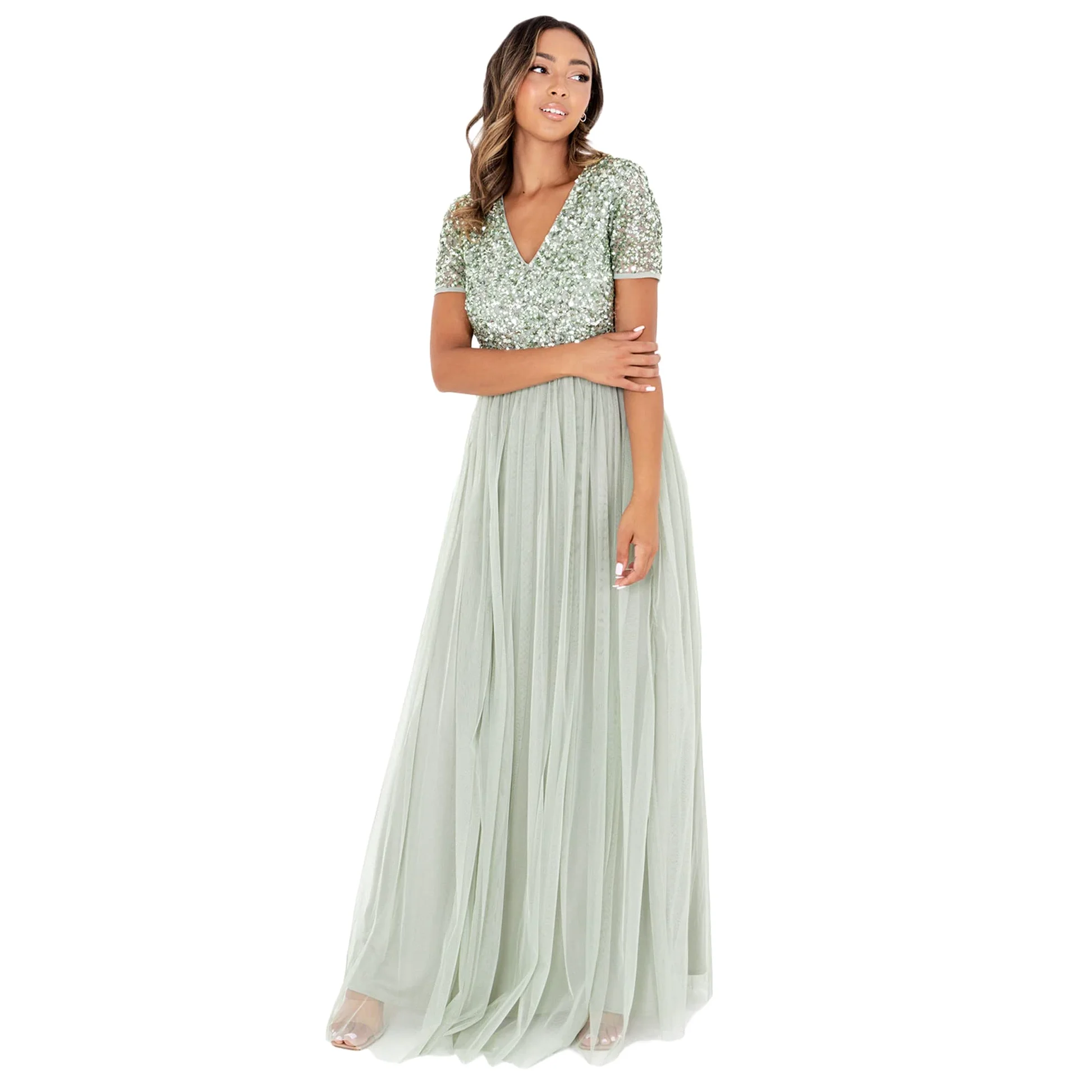 Maya Deluxe Sukienka druhny Kobiety Maya Deluxe Green Lily V Neckline Embellished Maxi Dress