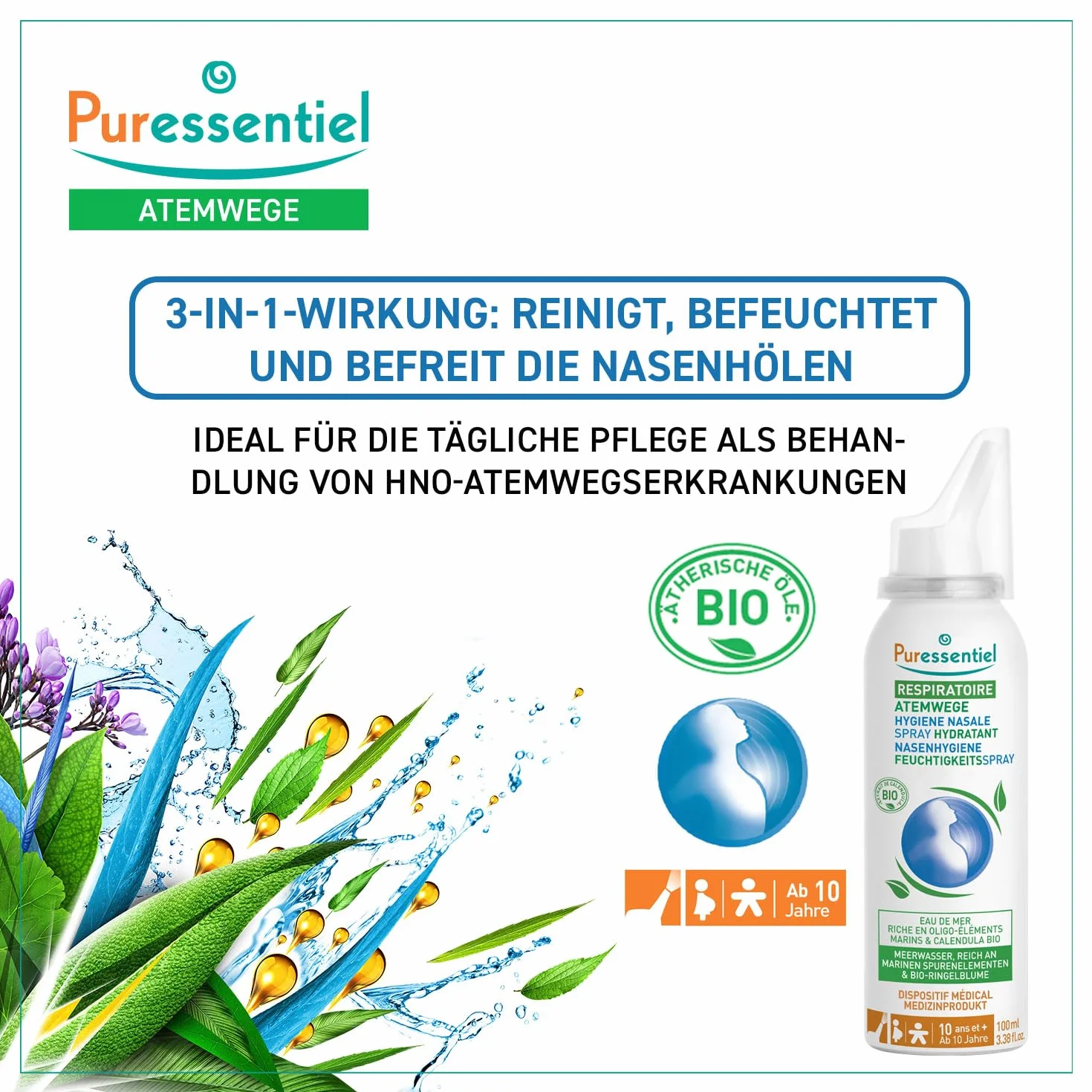 Puressentiel Nawilżający spray do higieny układu oddechowego – oczyszcza jamy nosowe – roztwór izotoniczny – idealny do suchych, wrażliwych i podrażnionych nosów – woda morska i organiczny nagietek