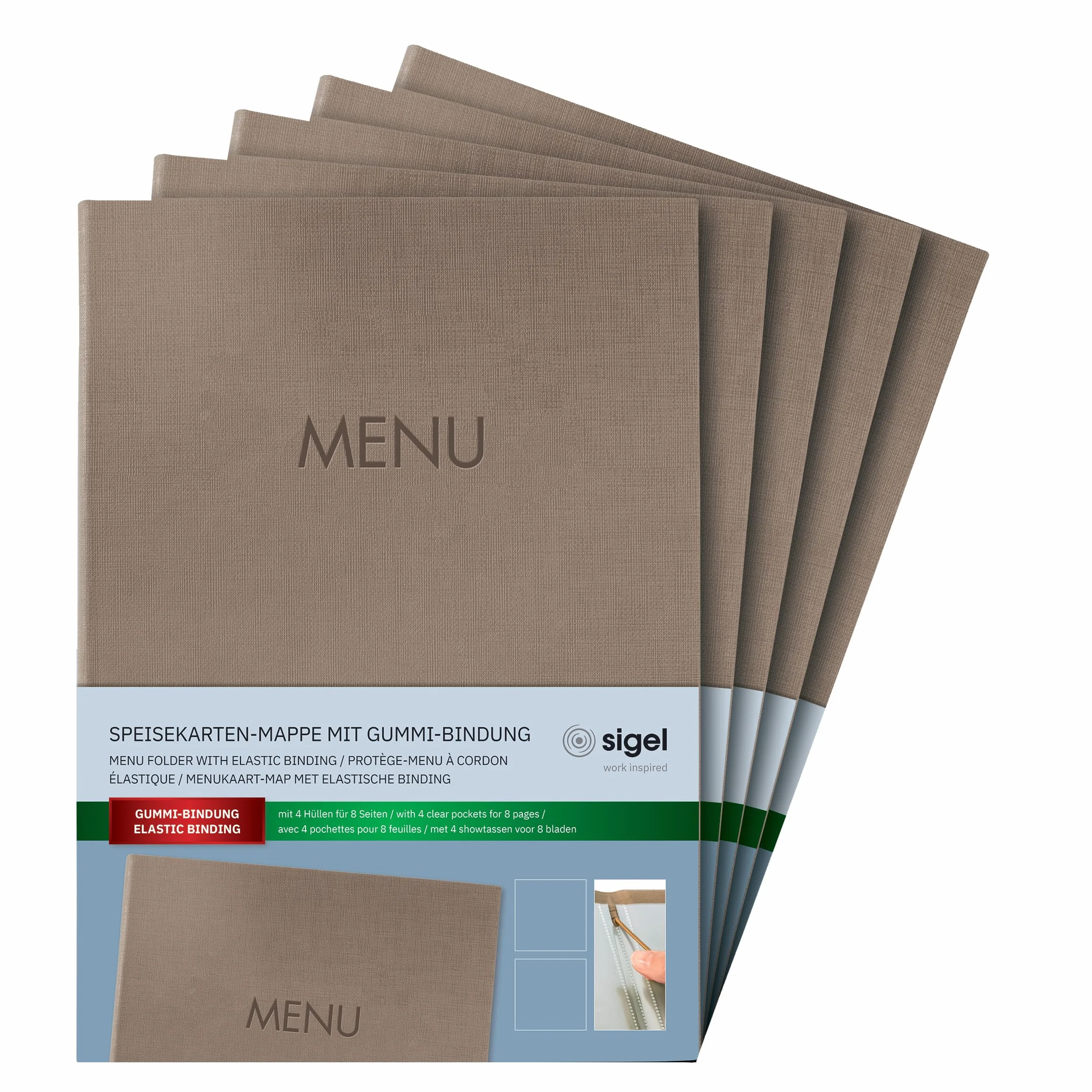 SIGEL SM210 zestaw 5 segregatorów menu z elastycznym sznurkiem, z 2 przezroczystymi kieszeniami na 8 arkuszy DIN A4, wytłaczanie menu, ciemnobeżowe
