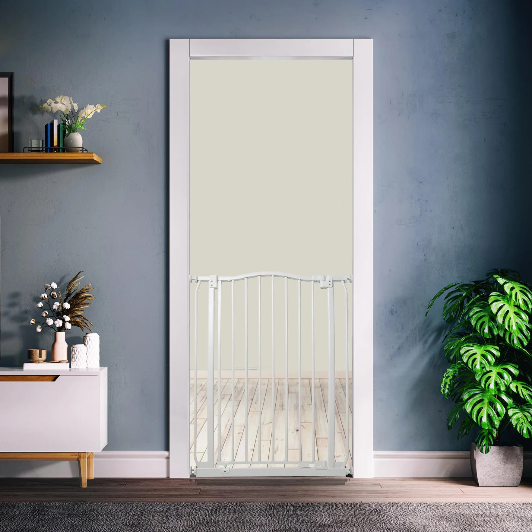 Bramka dla psa Bettacare Extra Tall Curved Top, 80cm - 89cm, Matowy Bialy, Dodatkowo Wysoka 100cm, Bramka Naciskowa dla Psa i Szczeniecia, Bariera Dla Zwierzat Domowych, Latwa Instalacja
