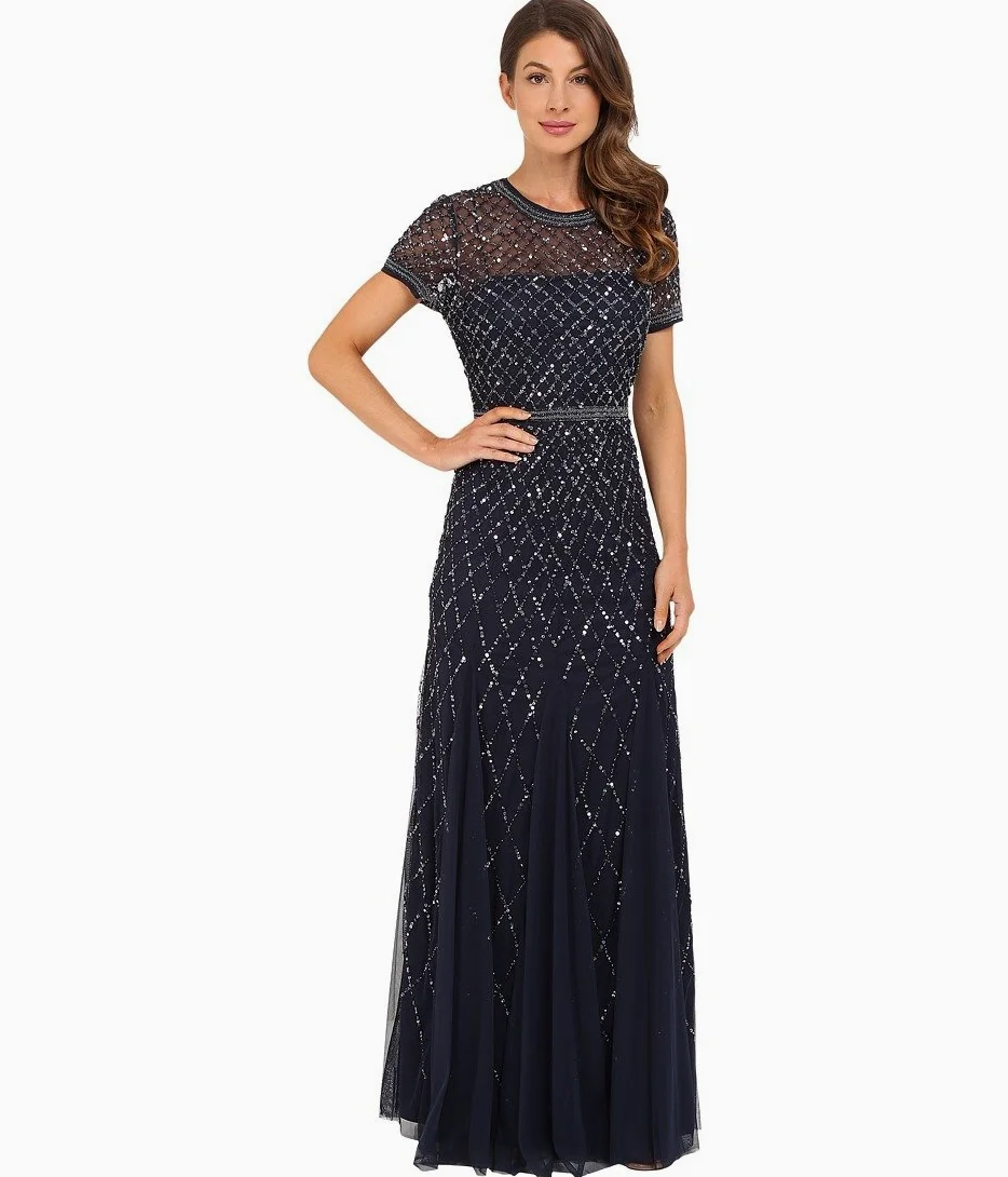 Adrianna Papell Sukienka Kobiety Short-sleeve Grid Beaded Gown