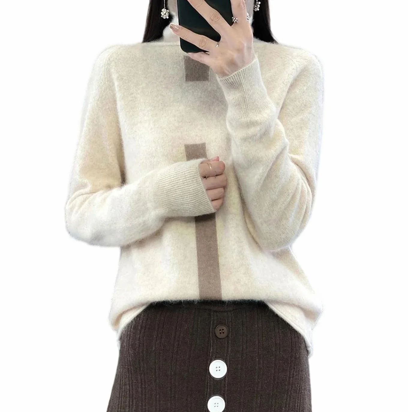 Sweter Damski Z Dzianiny Wełnianej, Golf, Długi Rękaw, Blok Kolorów, Swobodny, Jesienno-Zimowy, Ciepły-Beige-X-Large