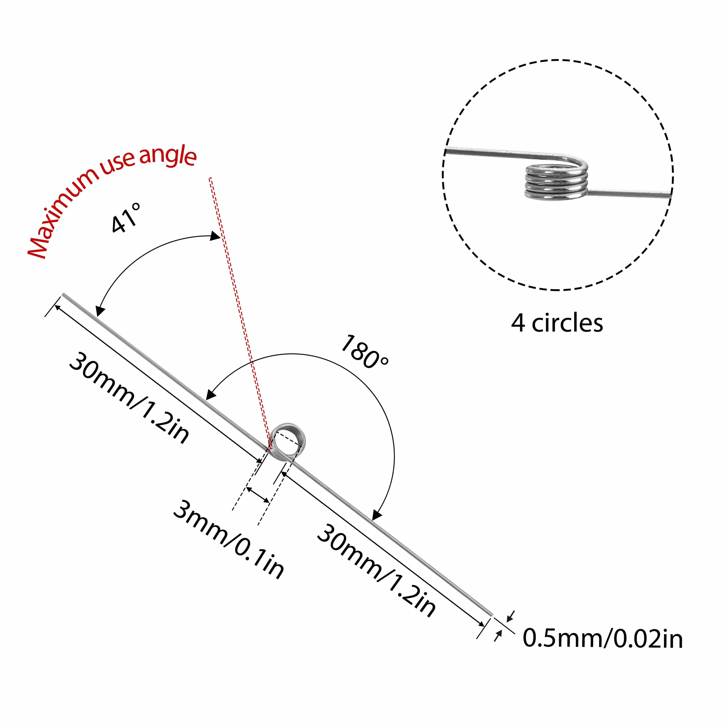 10 sztuk sprężyn skrętnych ze stali nierdzewnej, średnica drutu 0,5 mm, średnica wewnętrzna 3 mm, długość ramienia 30 mm, kąt 180°, 4 obroty proste 0,5x3x30 mm