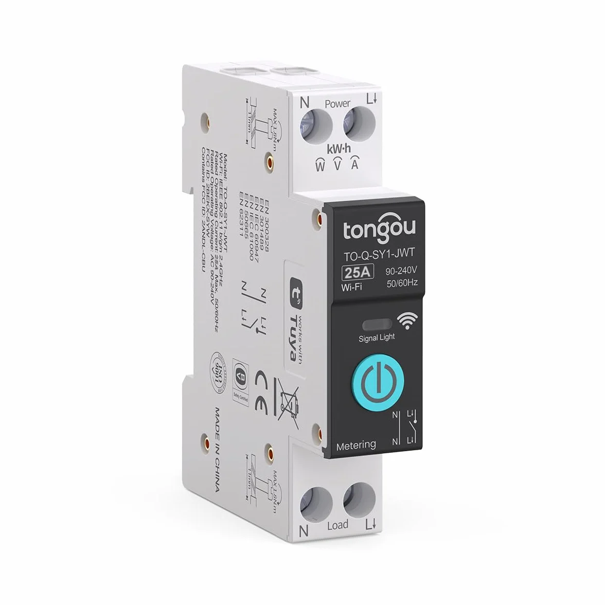TONGOU DIY 1P+N Szyna DIN WiFi, inteligentny przełącznik przekaźnikowy 25A, Wi-Fi, aplikacja na iOS, Android, aplikacja TUYA, pilot zdalnego sterowania, do inteligentnego domu, z miernikiem