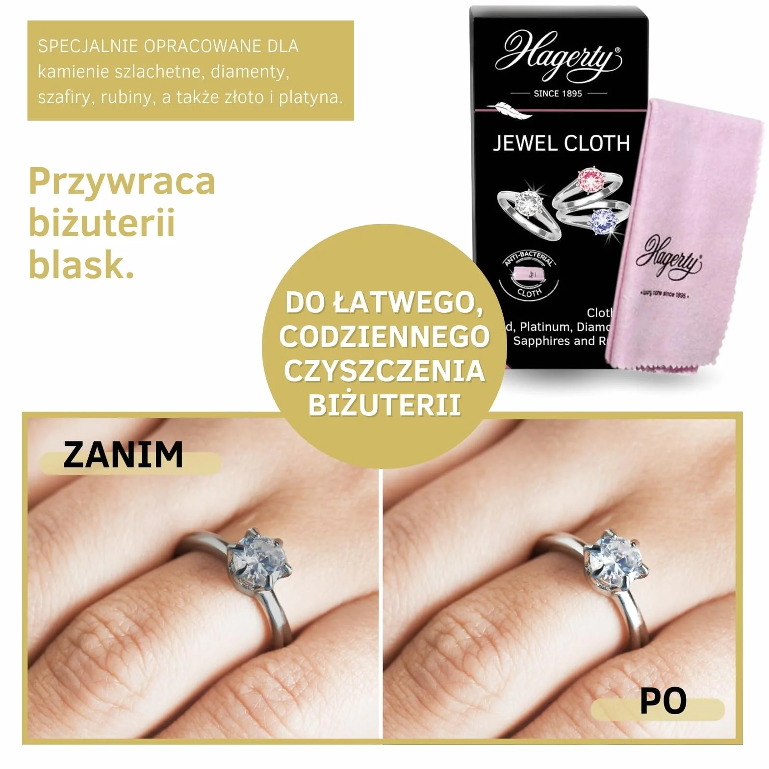 Hagerty Jewel Cloth Ściereczka do czyszczenia biżuterii kamieni szlachetnych złota platyny 36 x 30 cm I Impregnowana ściereczka biżuteryjna z bawełny I