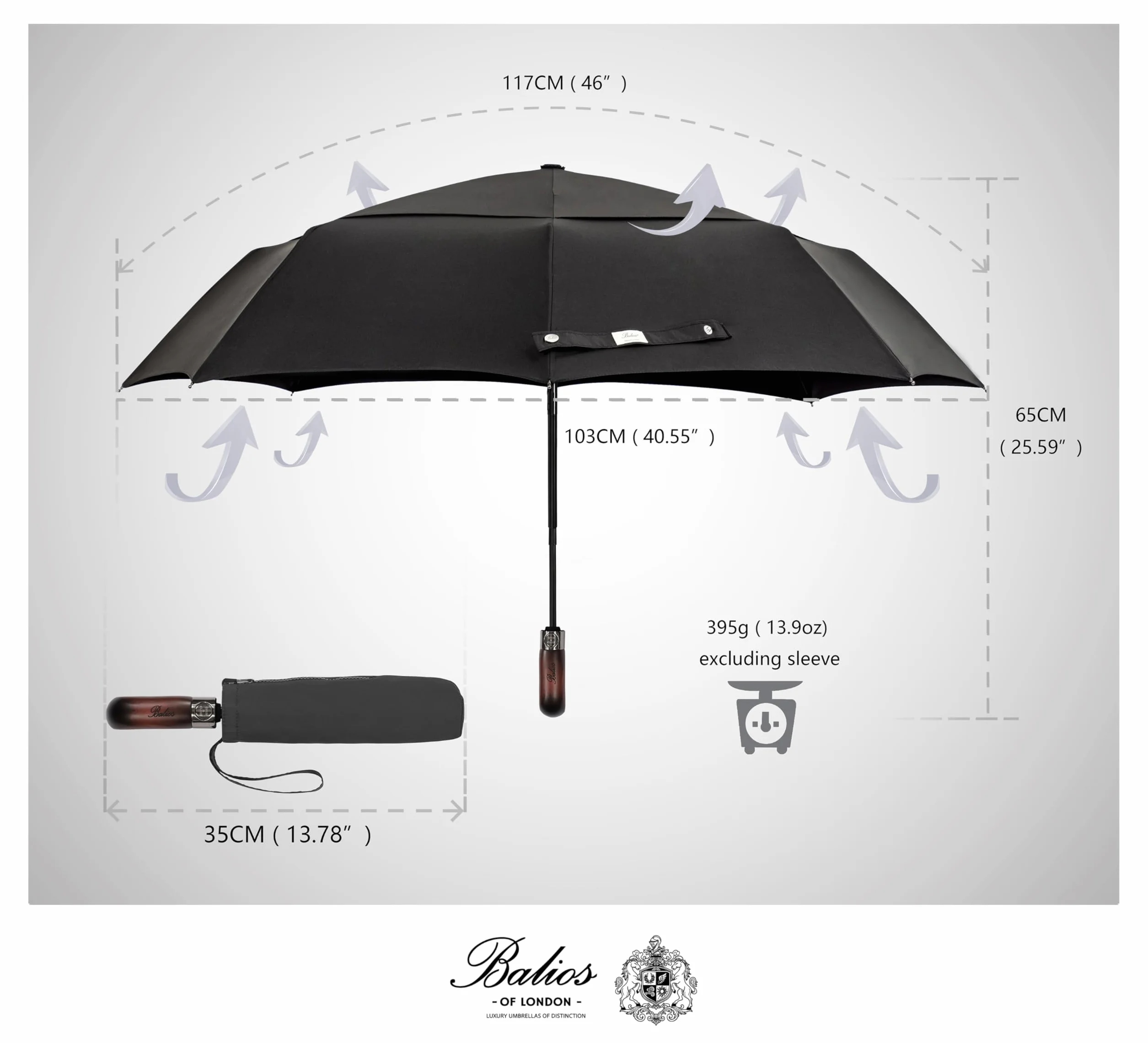 Balios® Parasol podróżny, uchwyt z prawdziwego drewna, automatyczne otwieranie i zamykanie, wentylowany podwójny dach wiatroszczelny, zaprojektowany w Wielkiej Brytanii