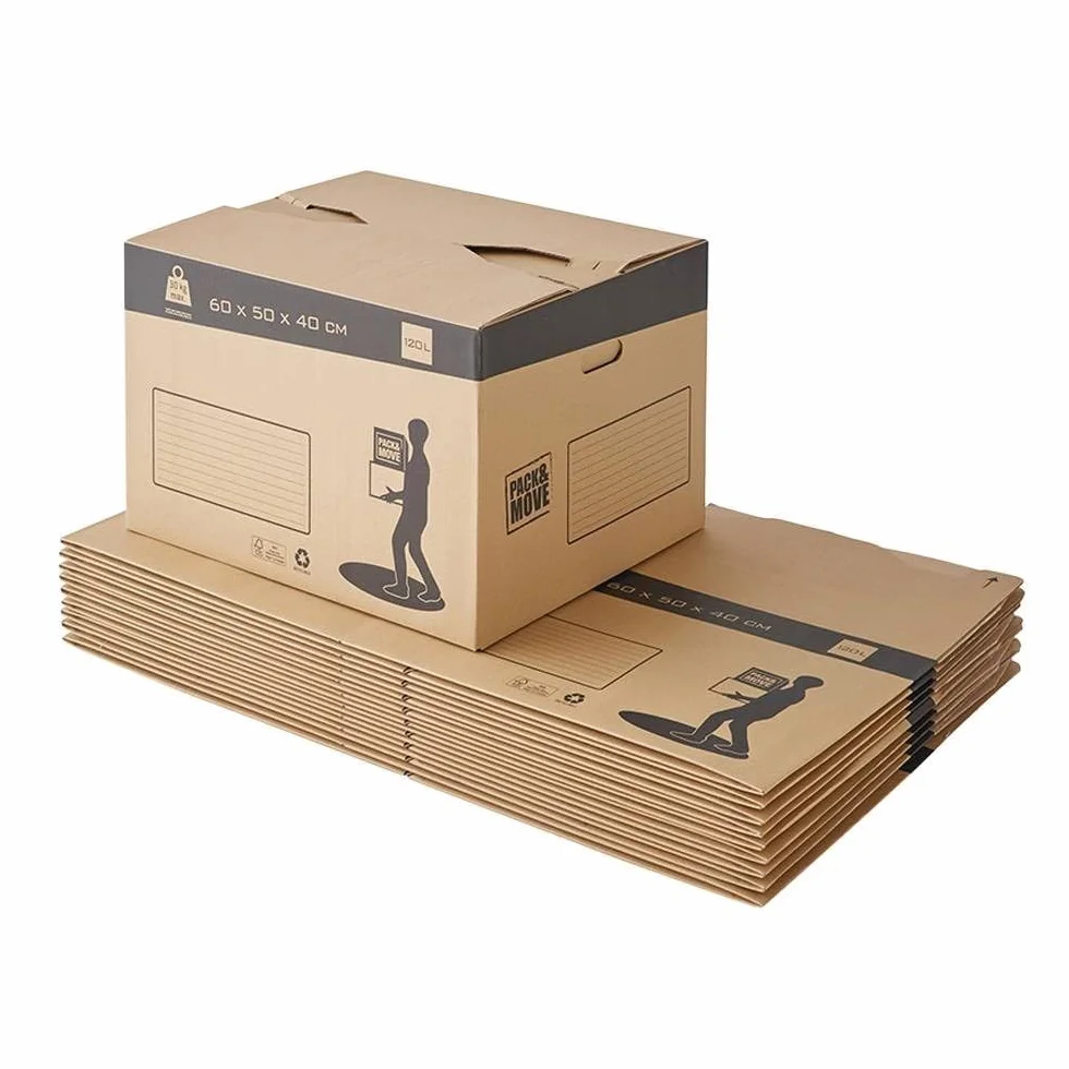Zestaw 10 kartonów do przeprowadzki z automatycznym dnem - 60x50x40cm - Wyprodukowano we Francji - maksymalne obciążenie 30KG / 120L - certyfikat FSC 70%