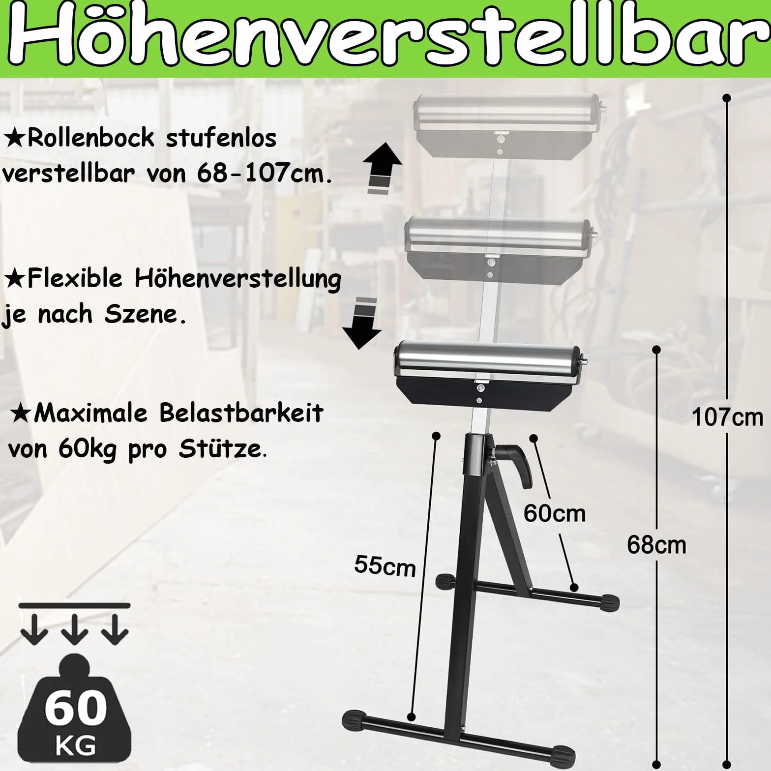 UISEBRT Kozioł na kółkach z regulacją wysokości 68-107 cm – składany stojak na kółkach ze stali – nośność maks. 60 kg / szt. – stojak na kółkach z antypoślizgowymi nóżkami, 2 sztuki
