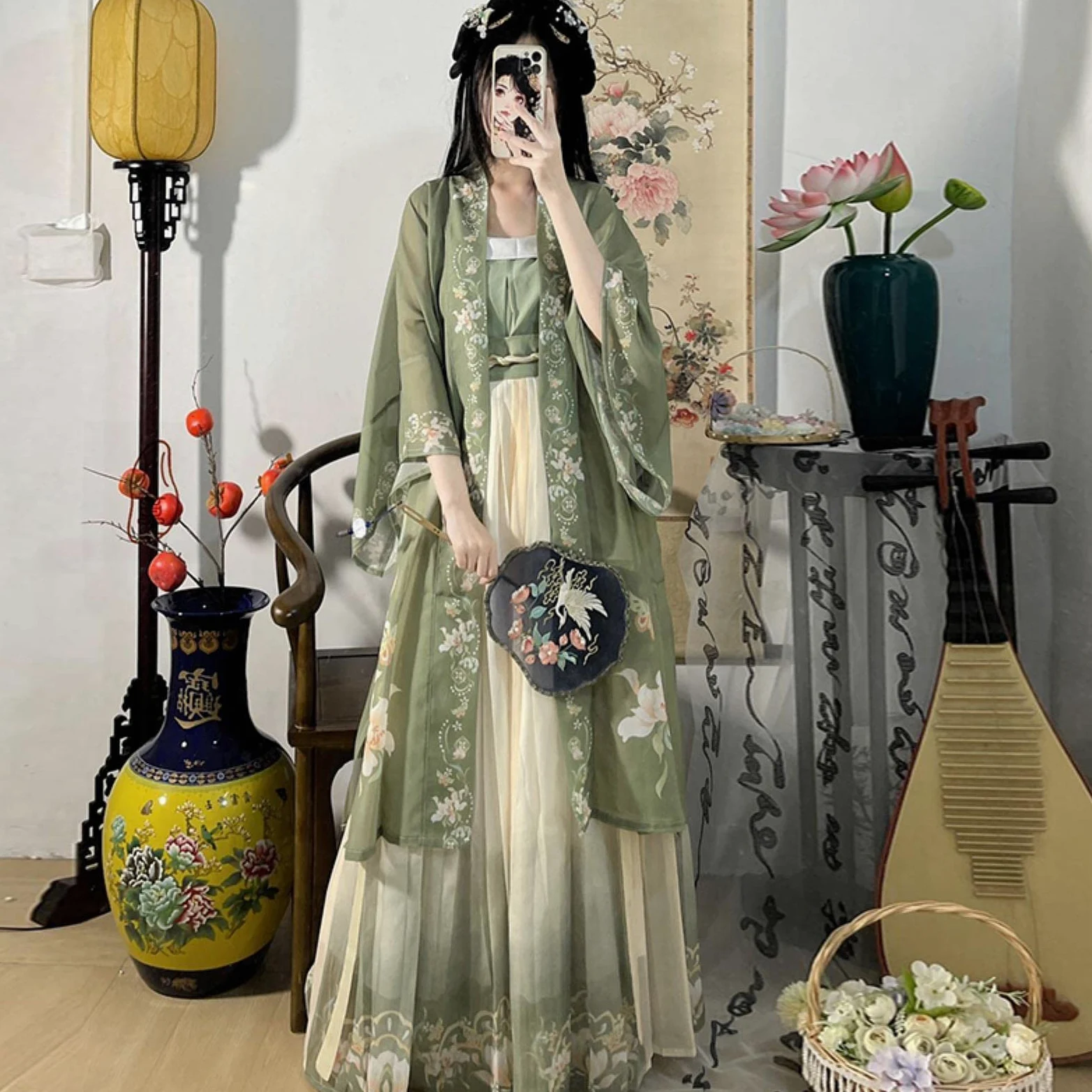 Chińska sukienka Hanfu 3 sztuk zestaw herbata zielona płynąca sukienka maxi chińskie starożytne kobiety sukienka haftowana kostium do strzelania ukończenie szkoły-jeden zestaw 3 szt., L, CN (tylko 1