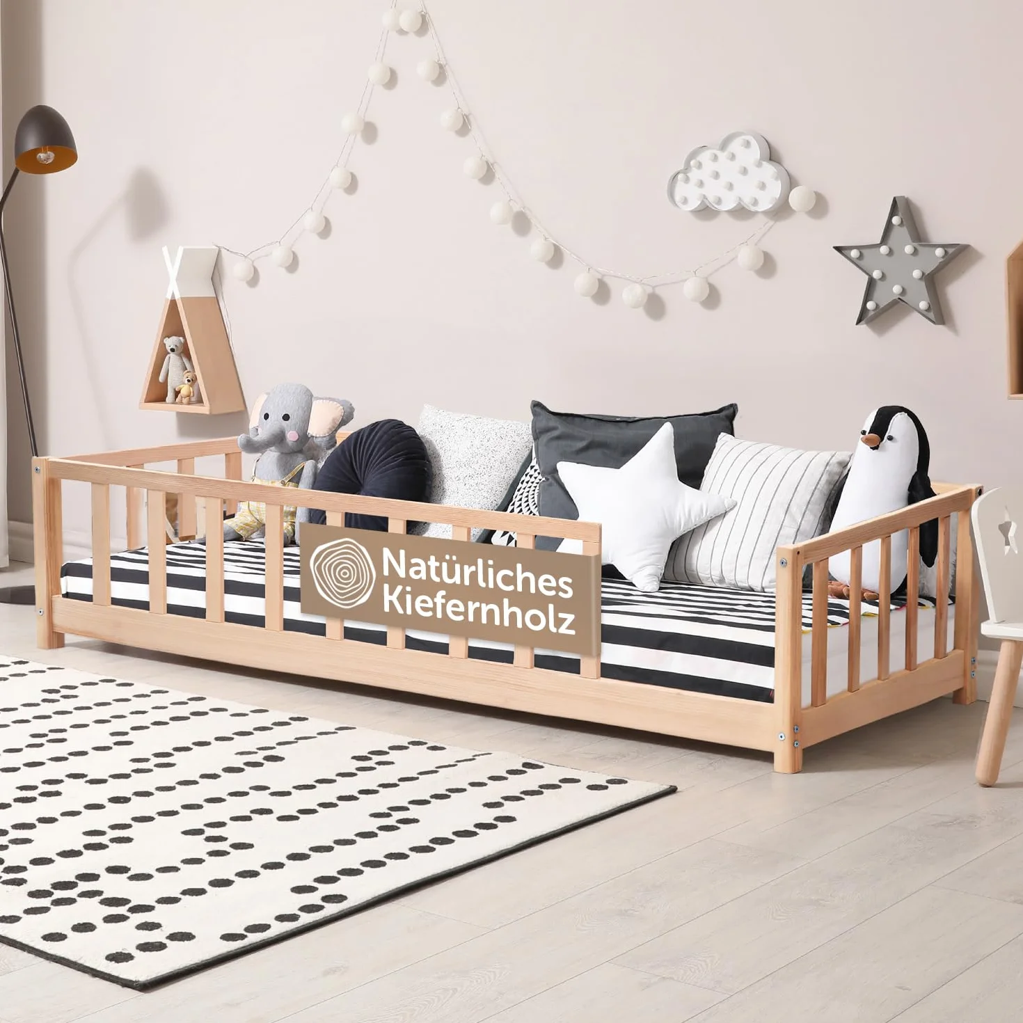 Famifidus Montessori łóżko podłogowe 90 x 200 cm, w zestawie zabezpieczenie przed wypadnięciem i stelażem | łóżko dziecięce dla chłopców i dziewczynek (naturalne, 90 x 200 cm)