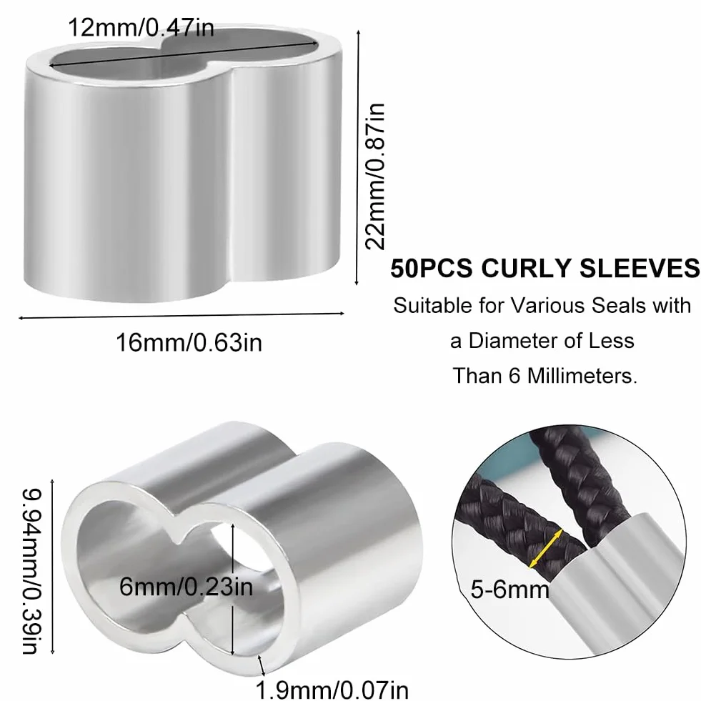 50 sztuk tulejek aluminiowych, zacisków zaciskowych aluminiowych, pętli zaciskowej 5 mm, zaciski zaciskowe, zaciski linowe, podwójne tulejki, nierdzewne, do liny ekspanderowej, liny do plandek, liny