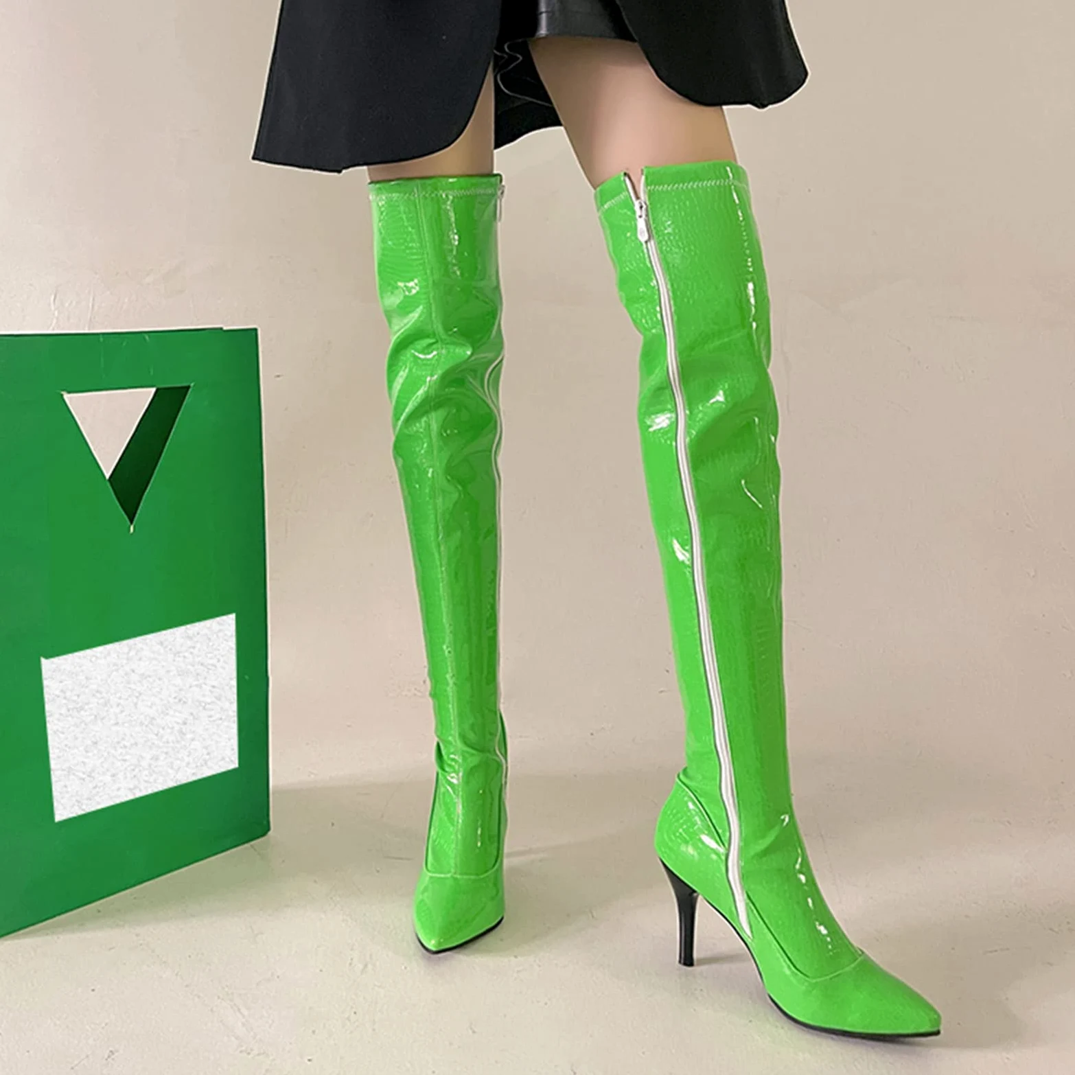 CUTEHEELS Damskie jednokolorowe buty na uda wysokie/nad kolanem ze szpilką i szpiczastym noskiem, zielony, 44 EU