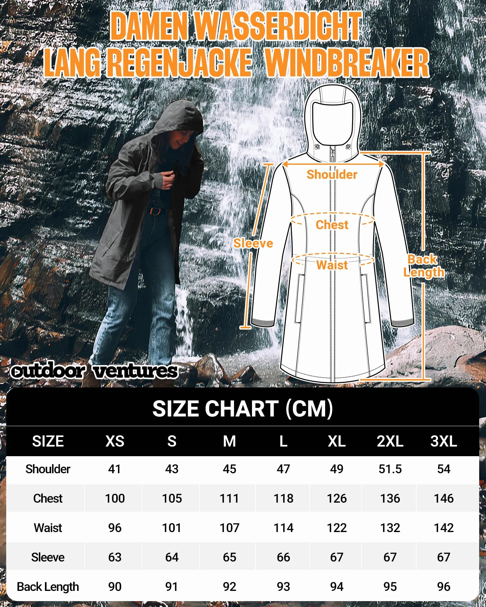 Outdoor Ventures Damska wodoodporna kurtka przeciwdeszczowa, długa, wiatrówka, kurtka przejściowa, lekka, oddychająca, kurtka outdoorowa, Raincoat parka przeciwdeszczowa z kapturem