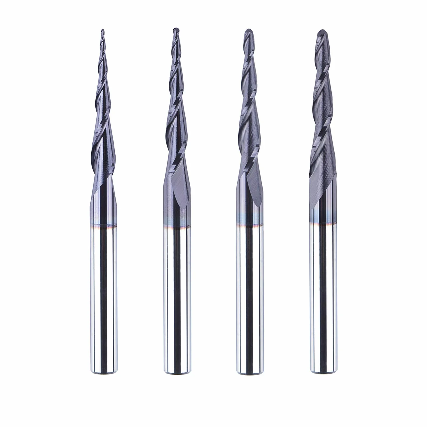 SpeTool 4 frezy stożkowe 4 mm, promień 0,25-1,0 mm CNC z węglika wolframu z powłoką TiAIN do grawerowania i rzeźbienia w 2D i 3D w obróbce drewna