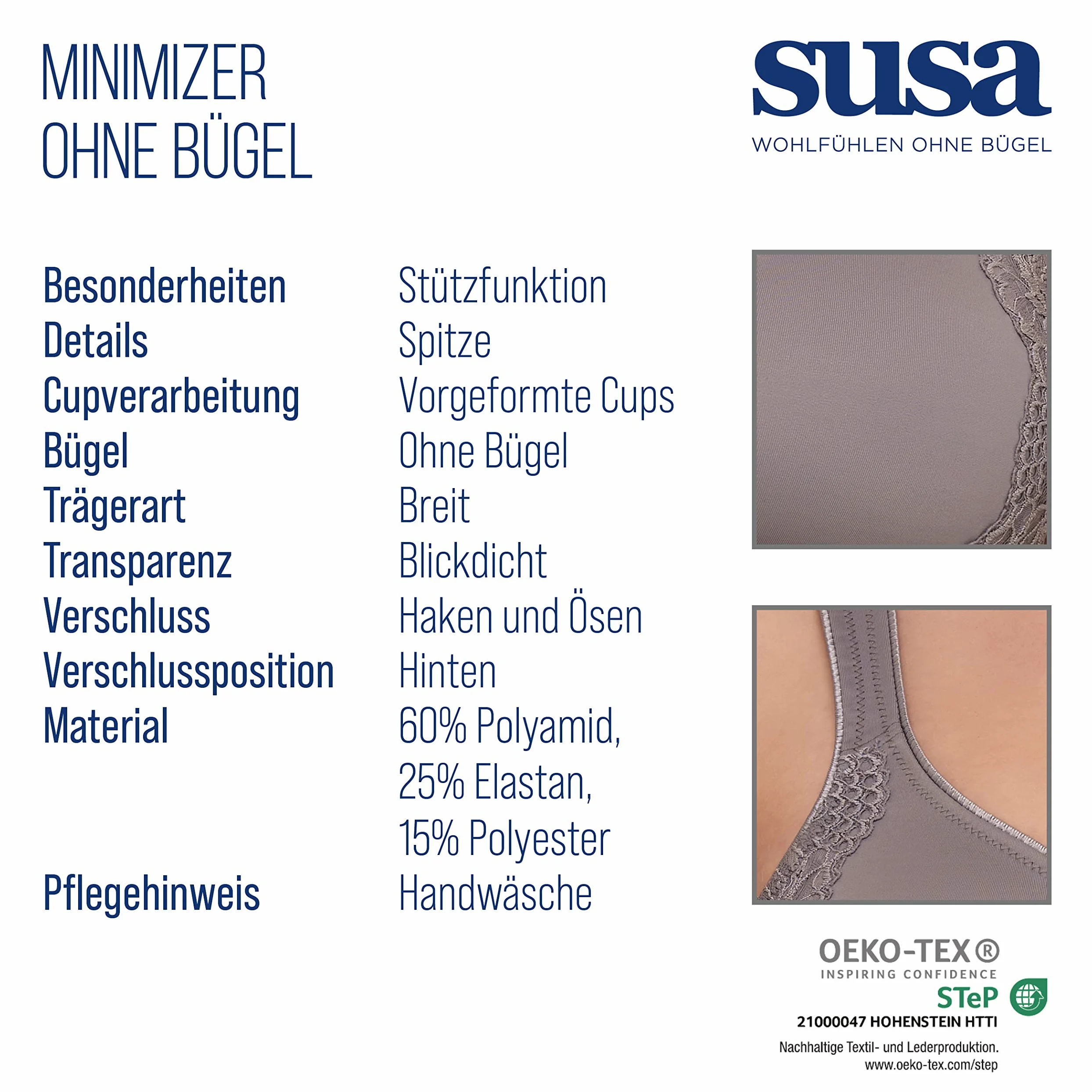 SUSA Minimizer biustonosz damski bez fiszbin I London I biustonosz damski o kroju minimalizującym, optycznie zmniejsza piersi, uformowane miseczki, szerokie ramiączka