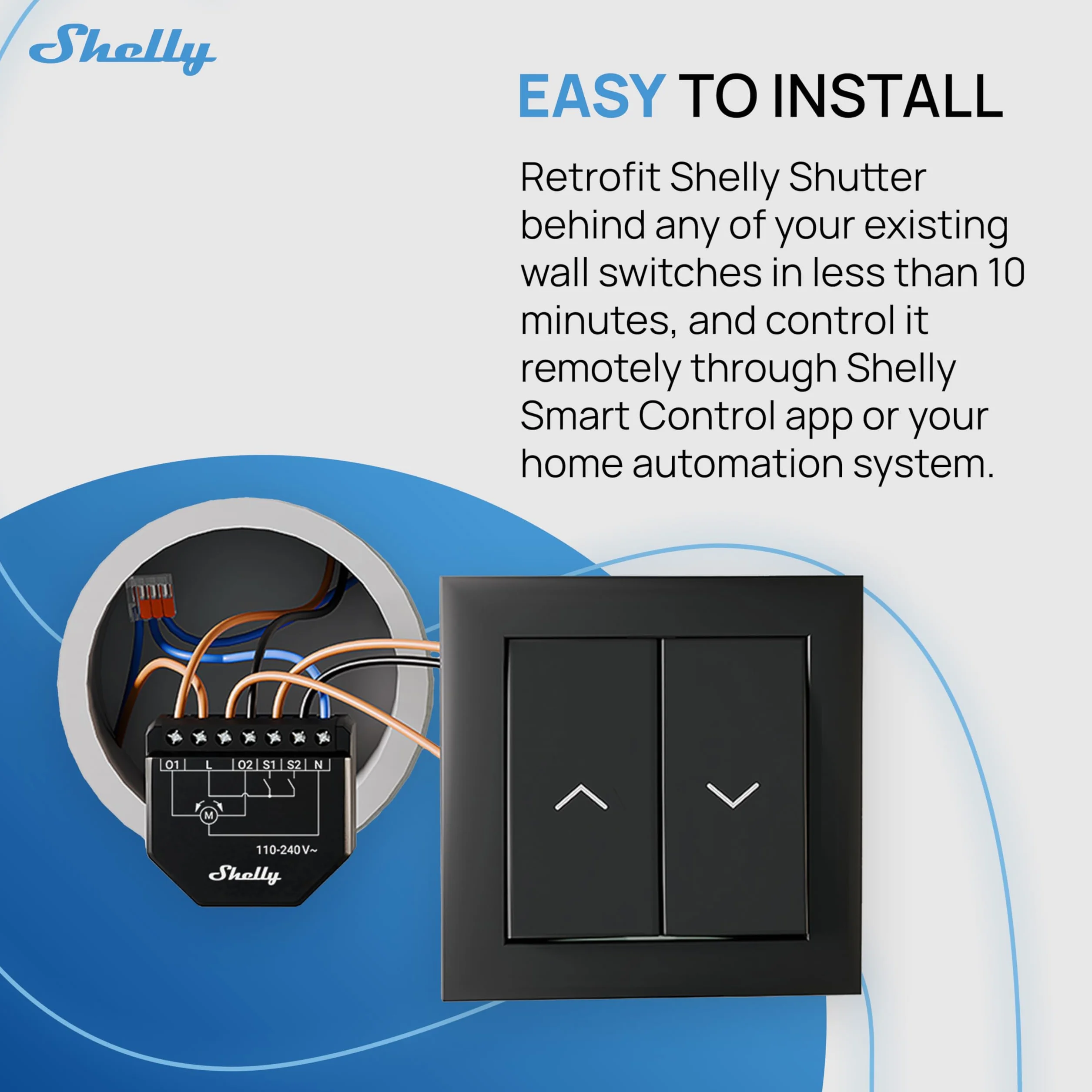 Shelly Shutter i Shelly BLU Button Tough 1 – Moduł łącznika do rolet z pilotem, 110–240 V, 4A, Pomiar zużycia energii, Harmonogramy, Kompatybilny z Alexa, Google Home, SmartThings