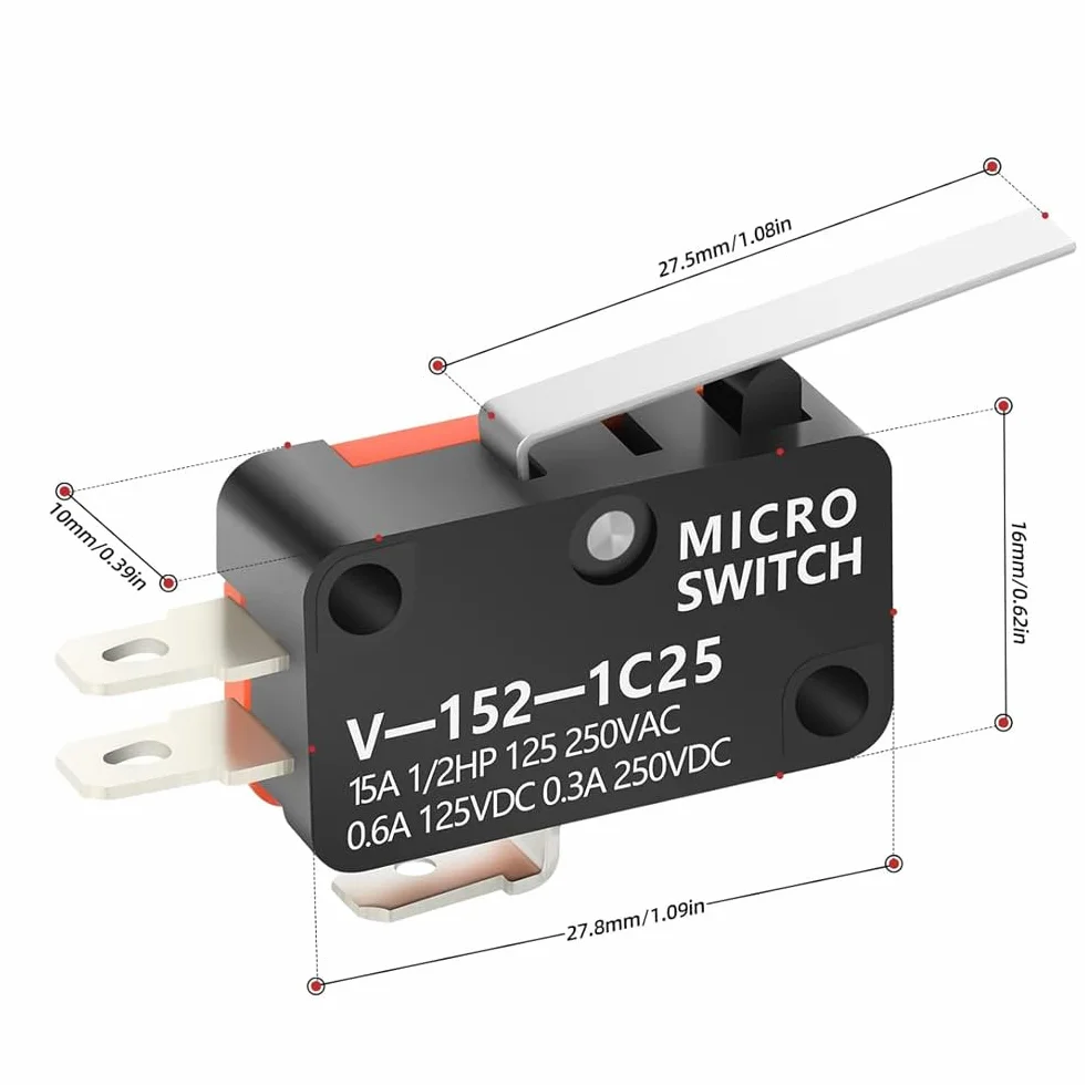 GUUZI 12 sztuk Mikro Wyłącznik Krańcowy Proste Ramię Dźwigni Zawiasu Chwilowy 1NO 1NC SPDT Snap Action Przełącznik dla Arduino V-152-1C25