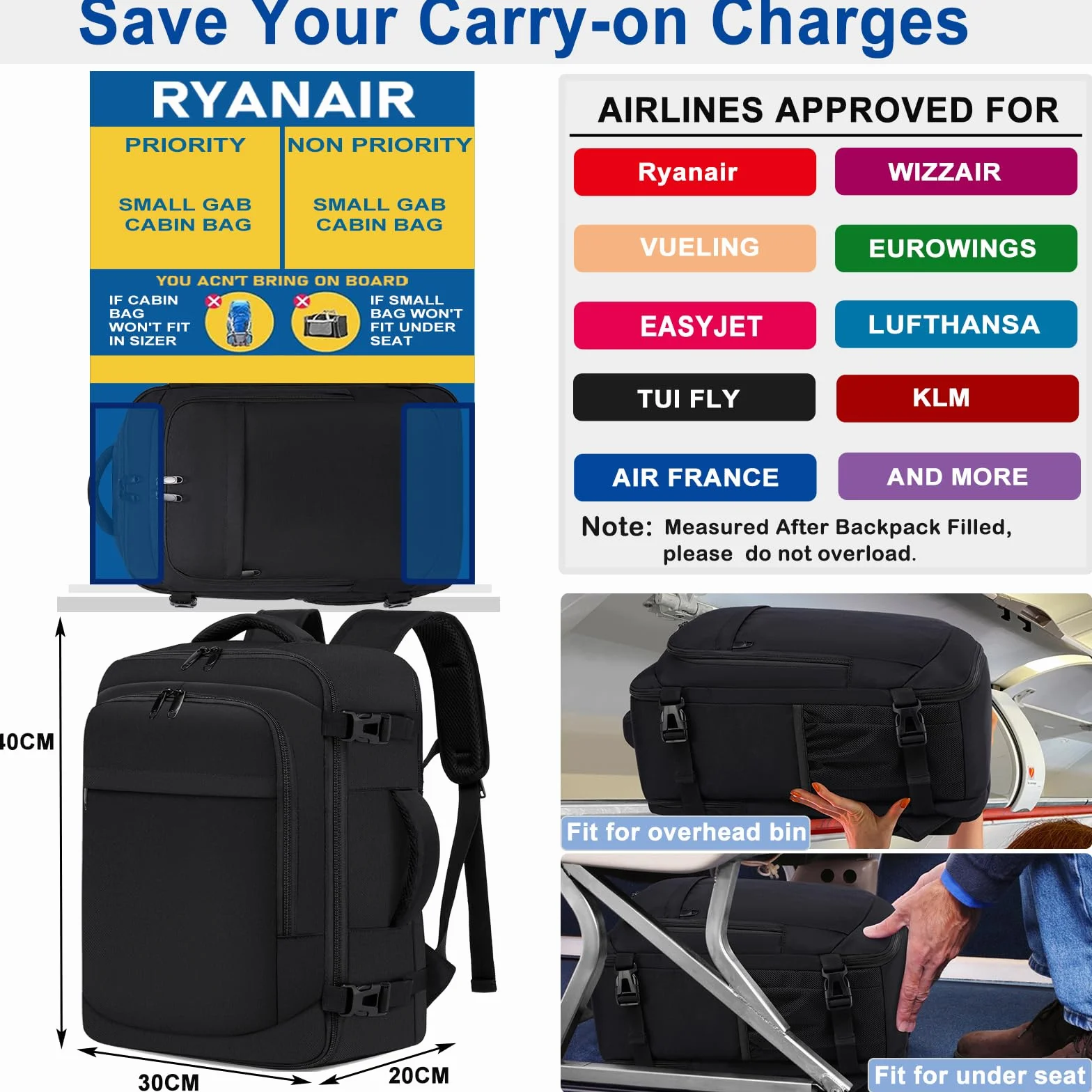 Bagaż Podręczny 40x30x20, Plecak Podróżny Męski i Damski do Ryanair, Wizzair, Vueling,Eurowings,Easyjet,24L Cabin Bag Travel Backpack do Pracy, Biznesu i Podróży Bagaż Laptopa 15.6 Cali, Czarny