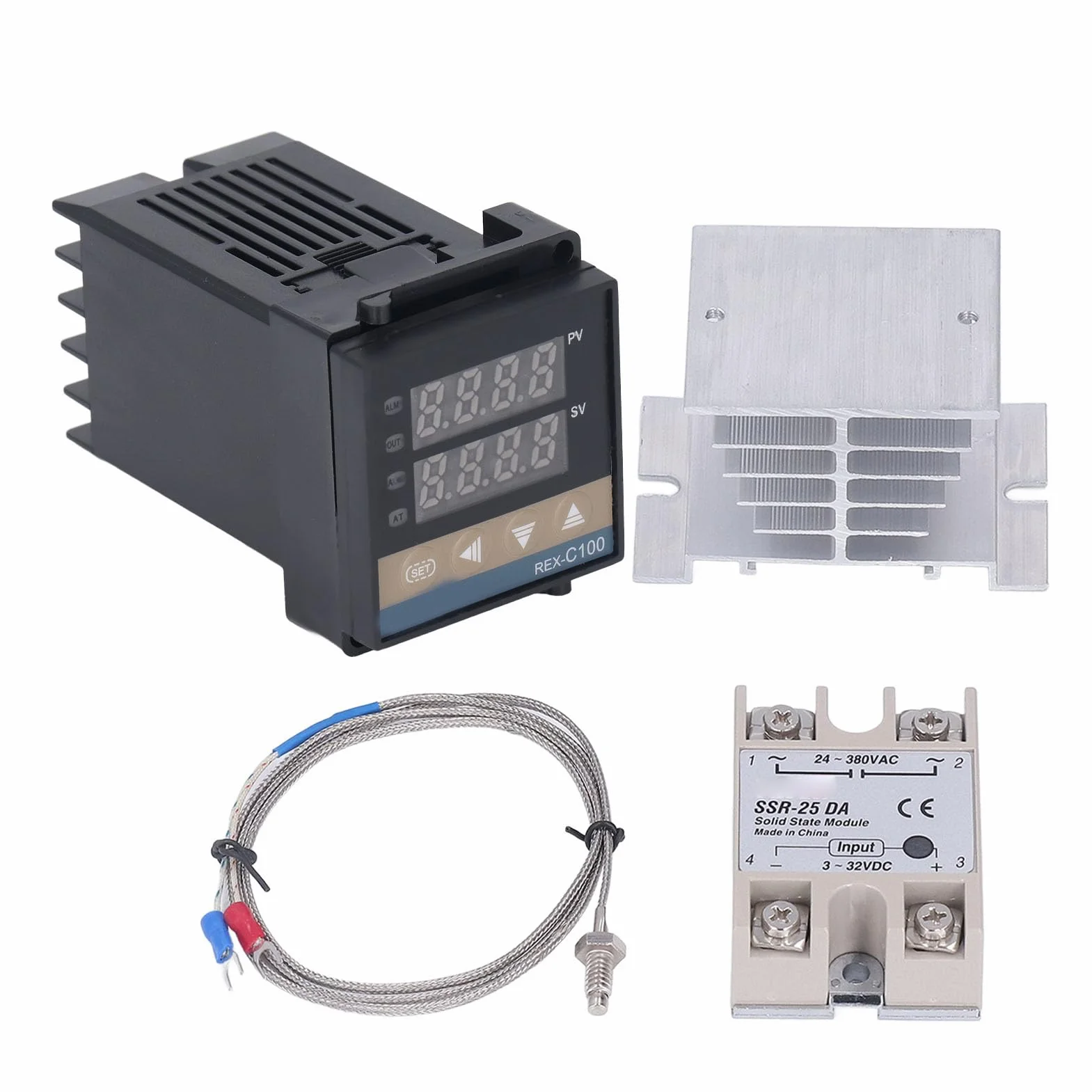 Kontroler Temperatury, Regulator PID z sondą Zestaw Plastikowych Regulatorów Temperatury PID, Regulator Temperatury REX C100 o Wysokiej Dokładności 0–400 ℃ Cyfrowy Regulator