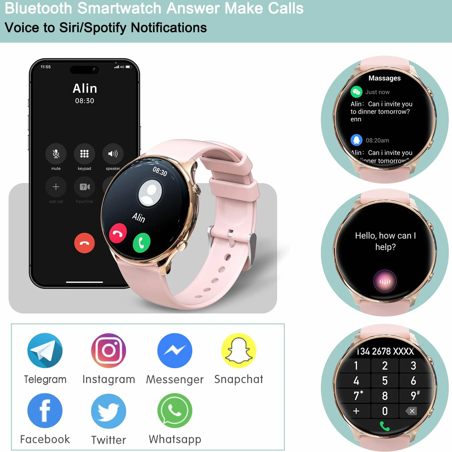 Zegarek damski Smartwatch, 1,39" fitness z połączeniami i WhatsApp, 120 sportowy, asystent głosowy, powiadomienia o wiadomościach, krokomierz, okrągły monitor zdrowia dla systemu Android iOS (różowy)