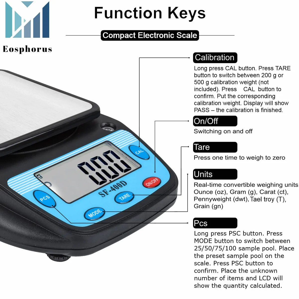 Eosphorus Cyfrowa Analityczna Waga z Wyświetlaczem LCD 600g x 0,01g do Laboratoriów i Szkół - Waga Kuchenna, Dokładna Waga, Gramy, Uncje i Karaty - W Zestawie Ładowarka USB i Zasilacz Sieciowy