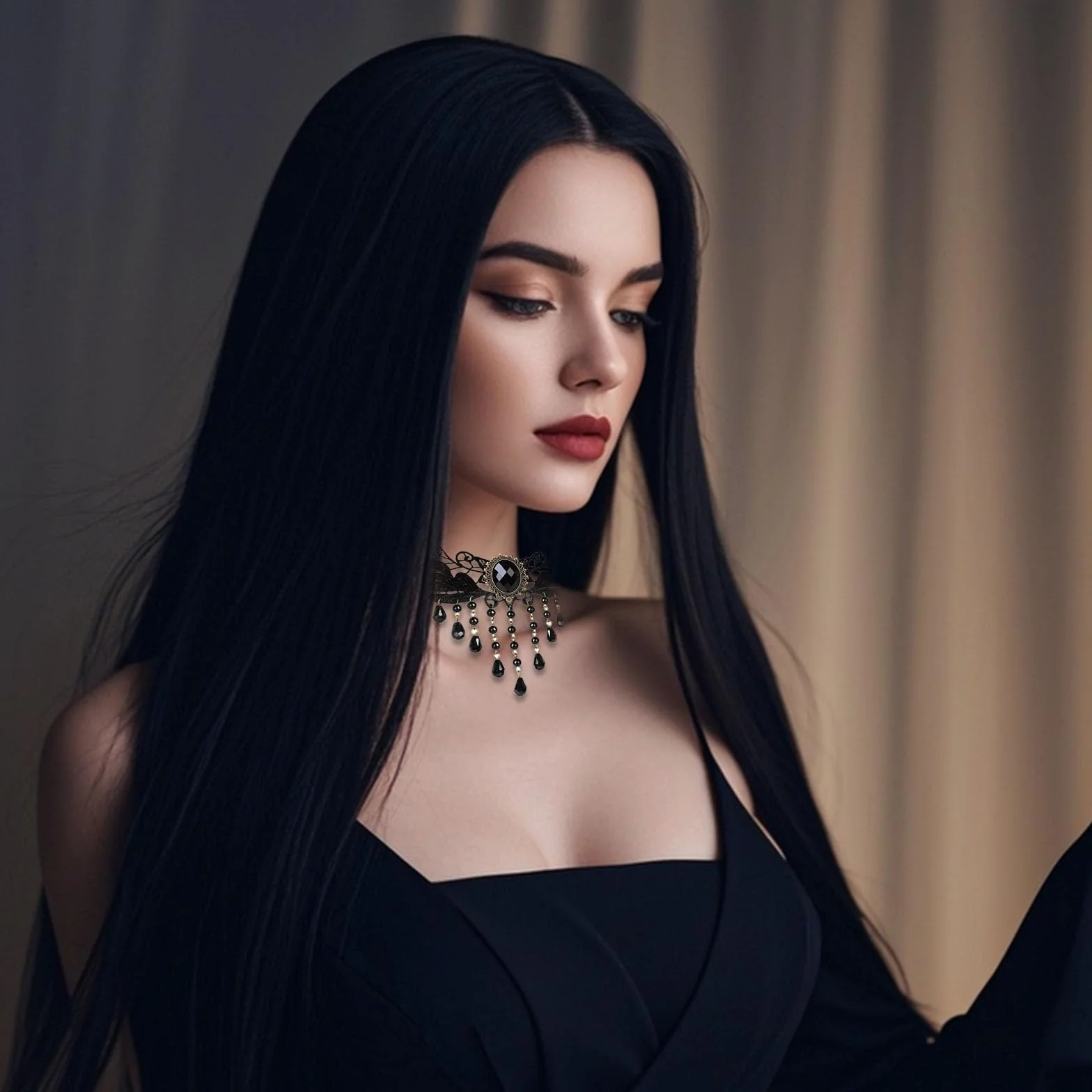 Peruka czarna kostium czarownicy dla kobiet z akcesoriami, kostium Morticia Addams na Cosplay, Halloween, karnawał i imprezy tematyczne