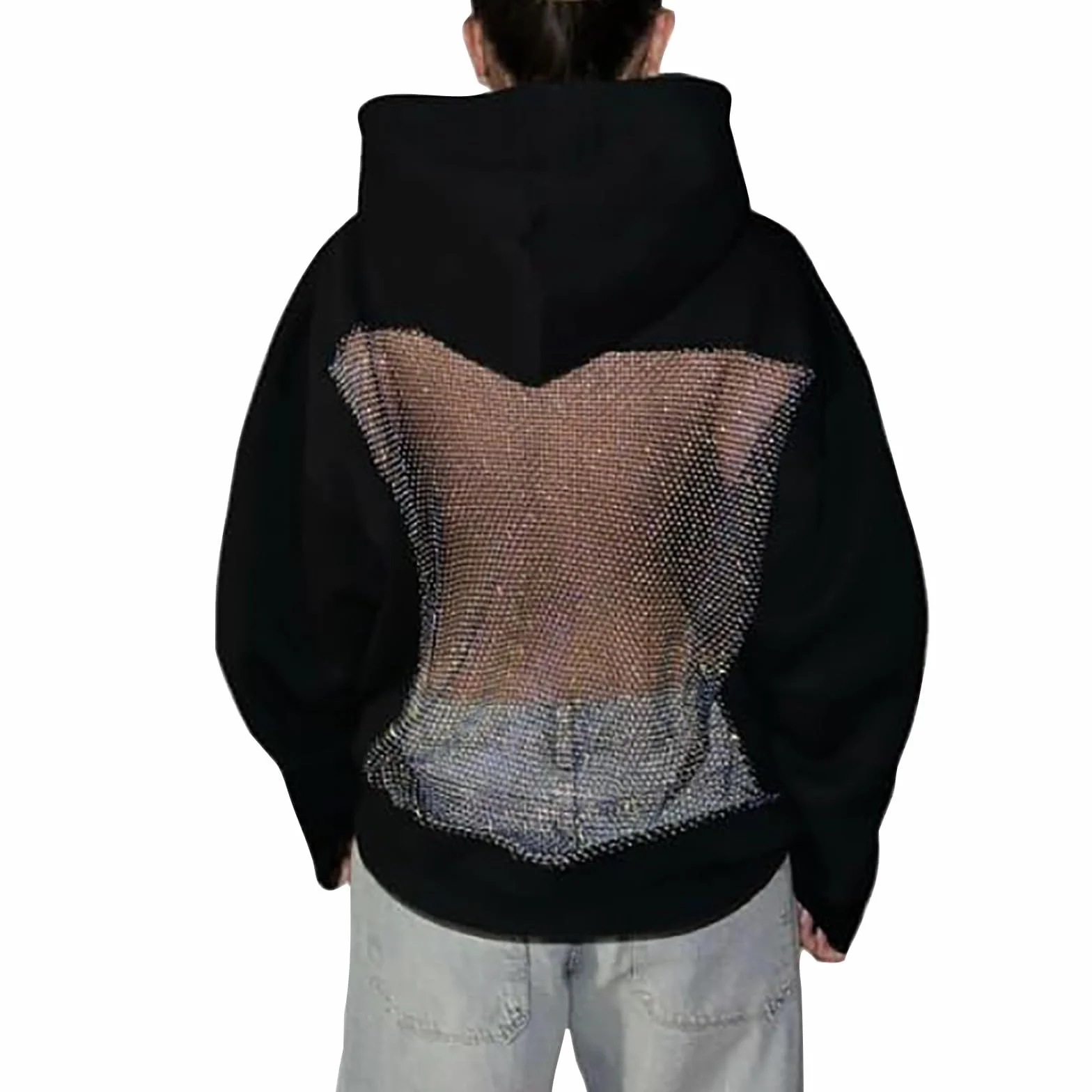 Damskie bluzy z kapturem z siatki na plecach, moda na co dzień przezroczysta bluza z długim rękawem opaska na głowę kieszeń brokatowe bluzki z siateczki damskie ponadwymiarowe przytulne pulower na