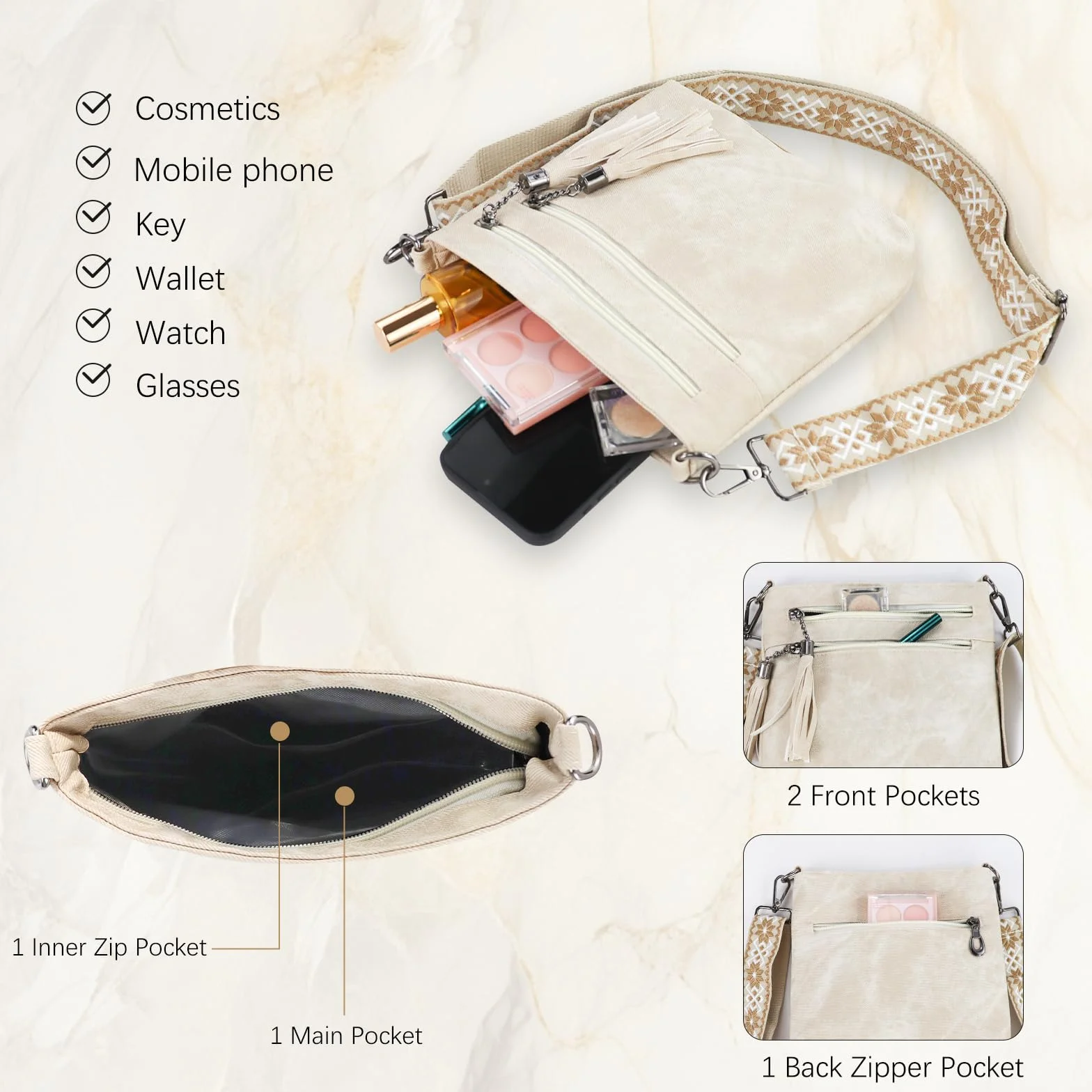 AfitLulu damska torba crossbody na ramię ze sztucznej skóry z frędzlami 4 kieszenie