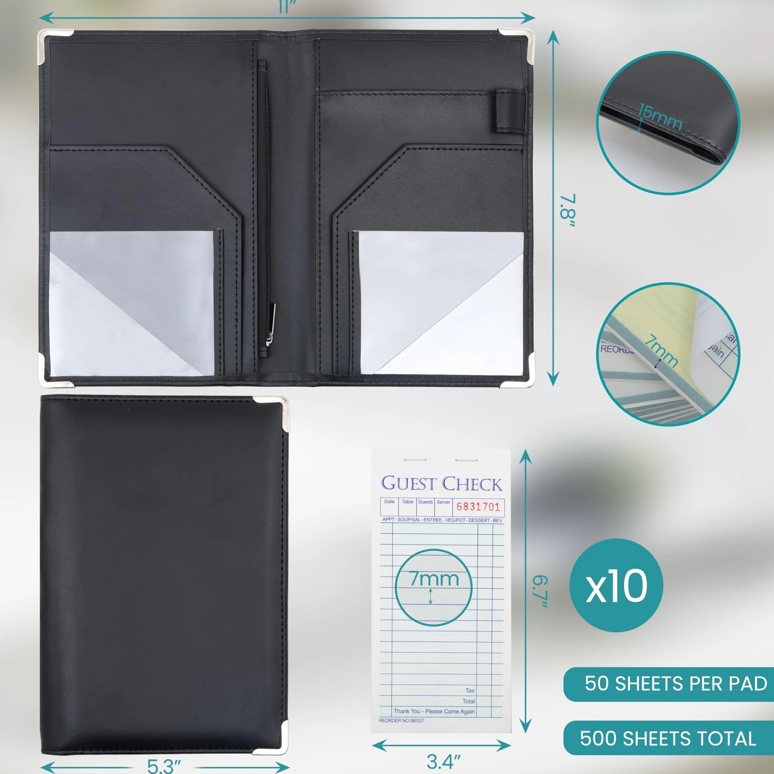 BELLE VOUS Guest Checks Server Note Pads with Folder - 10 książek/500 arkuszy - Waiter/Waitress Paper Checks Notes for Restaurant Food Order Receipt