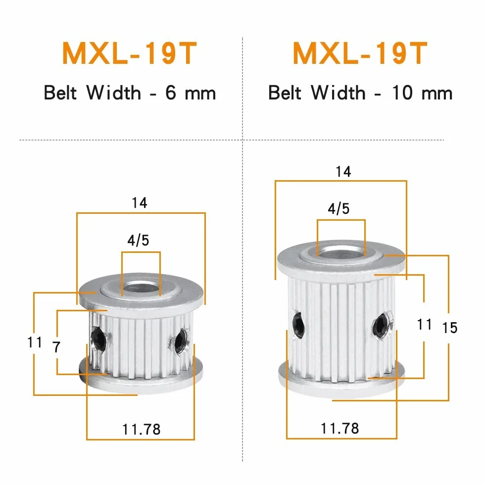 2 sztuk MXL-19T AF kształt koła pasowe rozrządu, otwór 4/5mm koło pasowe do szerokości 6/10mm MXL pasek rozrządu (Size : 5 mm, Color : Width7 mm)