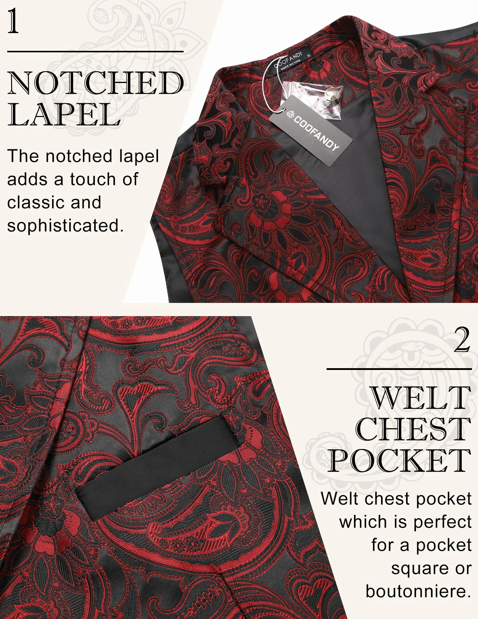 COOFANDY Men Suit Vest Paisley Floral Steampunk Vest Tuxedo Vests Formal Waistcoat with Notch Lapels Wine Red, Medium