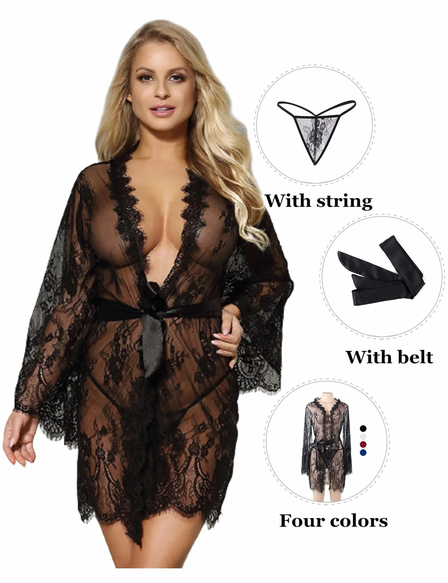 ohyeahlady damskie kimono koronkowe, falbanki, długi rękaw, przezroczysty, szerokie rękawy, szlafrok poranny, bielizna erotyczna, bielizna nocna, szlafrok kąpielowy, bielizna damska, zestaw ze stringami G, paskiem, duże rozmiary
