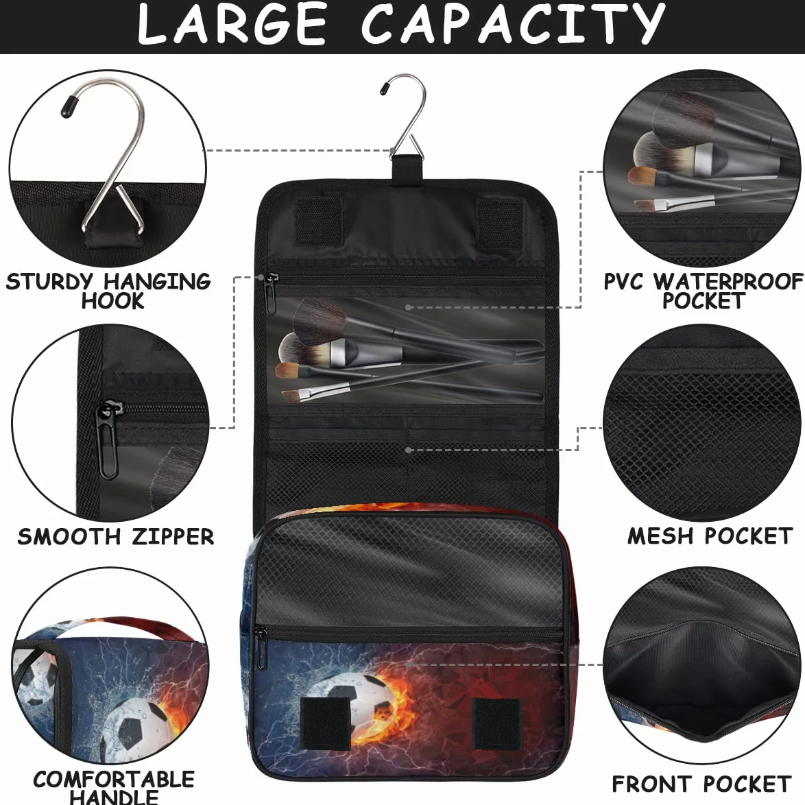 Piłka nożna Podróżna kosmetyczka Piłka nożna Ogień i Woda Mycie Torba Unisex Wiszące przybory toaletowe Kosmetyczka Organizer do makijażu, wielobarwny, Jeden rozmiar
