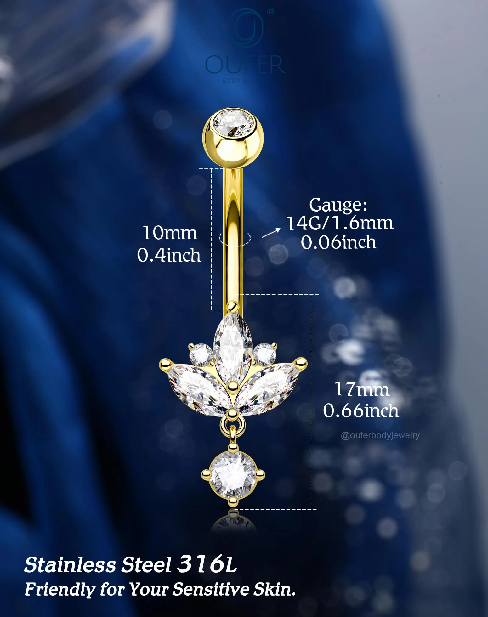OUFER Lotus Piercing do pępka 14G Dangly srebrny złoty kolczyk do brzucha biżuteria ze stali chirurgicznej CZ Belly Bar 10 mm