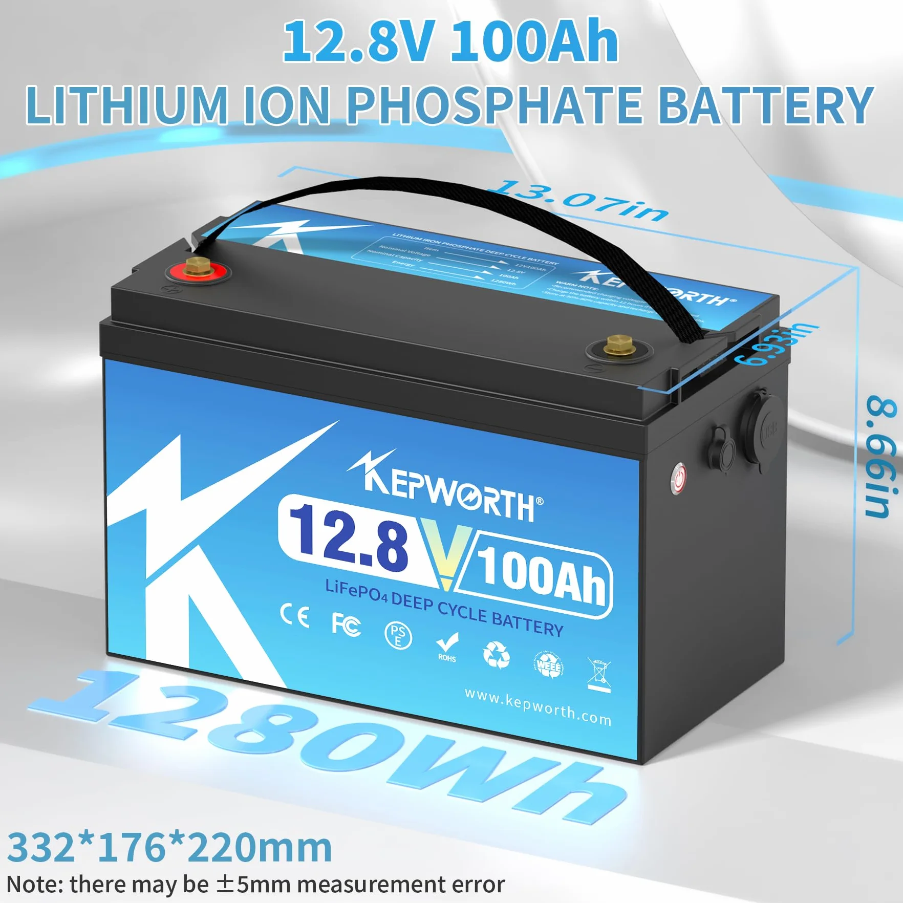 KEPWORTH 12V 100Ah LiFePO4 Akumulator Litowy, Do 15 000 Cykli i 10 Lat Żywotność, Bateria LiFePO4 z Płytką BMS 100A, Akumulator LiFEPO4 Idealny Do kamperów, Zastosowań Poza Siecią, Łodzie