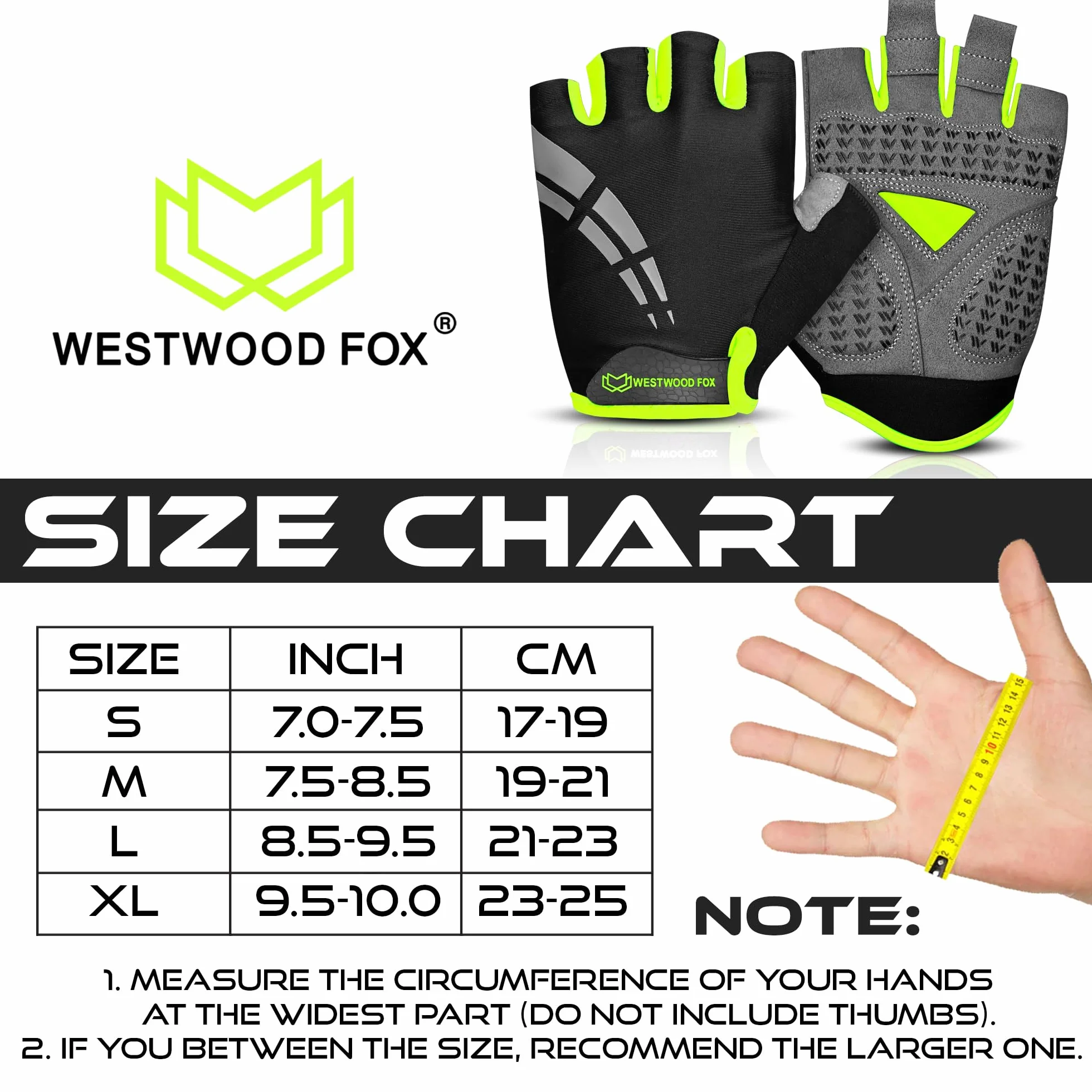 WESTWOOD FOX Rękawice kolarskie dla mężczyzn i kobiet, unisex półpalce z antypoślizgowym wyściełanym żelem, pochłaniające wstrząsy i oddychające dłonie, letnie rękawiczki rowerowe MTB