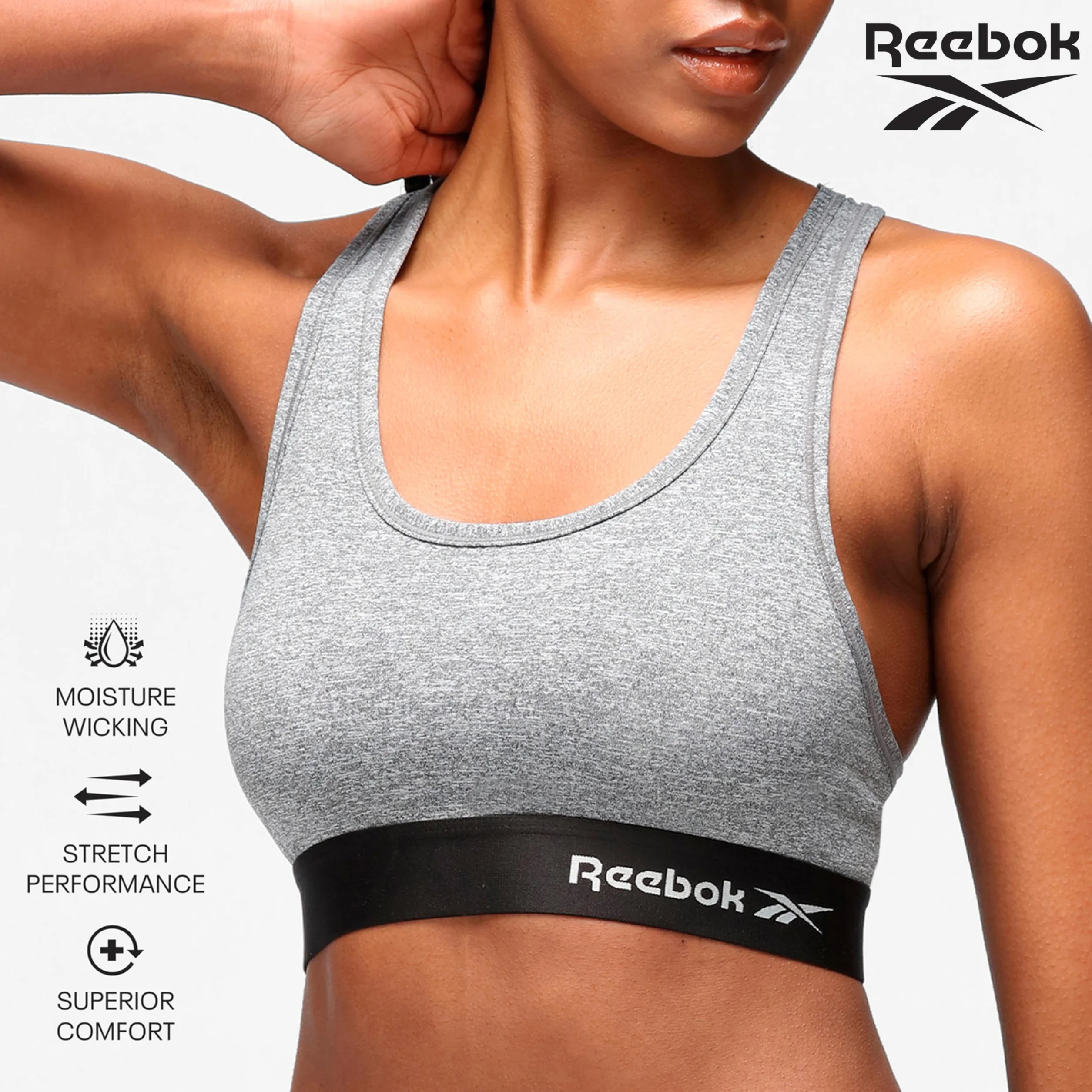 Reebok Damski biustonosz sportowy | Wspierający, wygodny wyściełany biustonosz sportowy | bez fiszbin, niski wpływ i oddychające biustonosze sportowe | damska odzież sportowa, Szary melanżowy, S