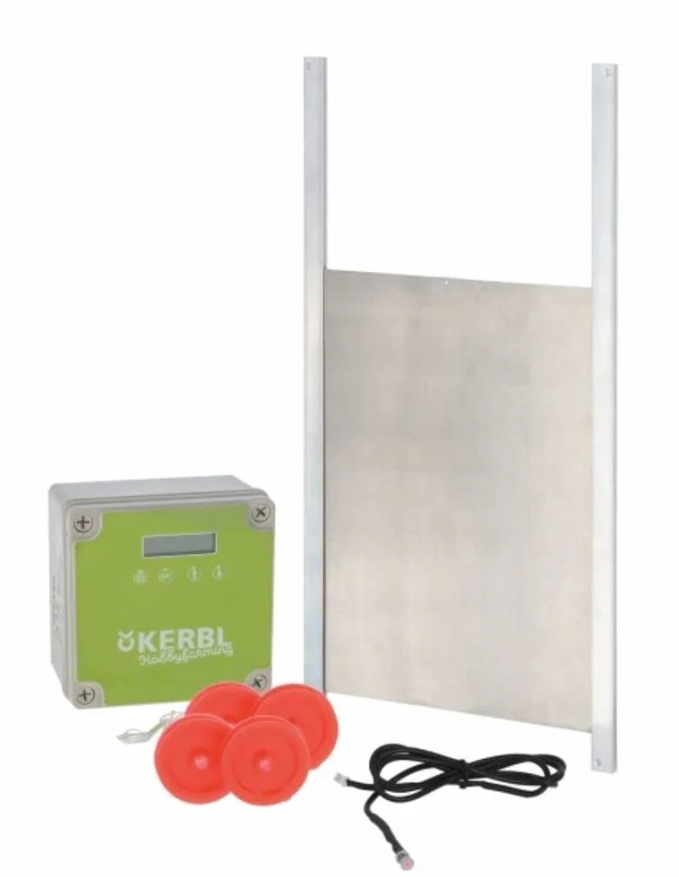 Kerbl Hobbyfarming Sterowanie automatyczne do drzwi dla kurczaków z drzwiami przesuwnymi 300x400mm, sterowanie klapą dla kurczaków, metalowe drzwi przesuwne, 3 lata gwarancji