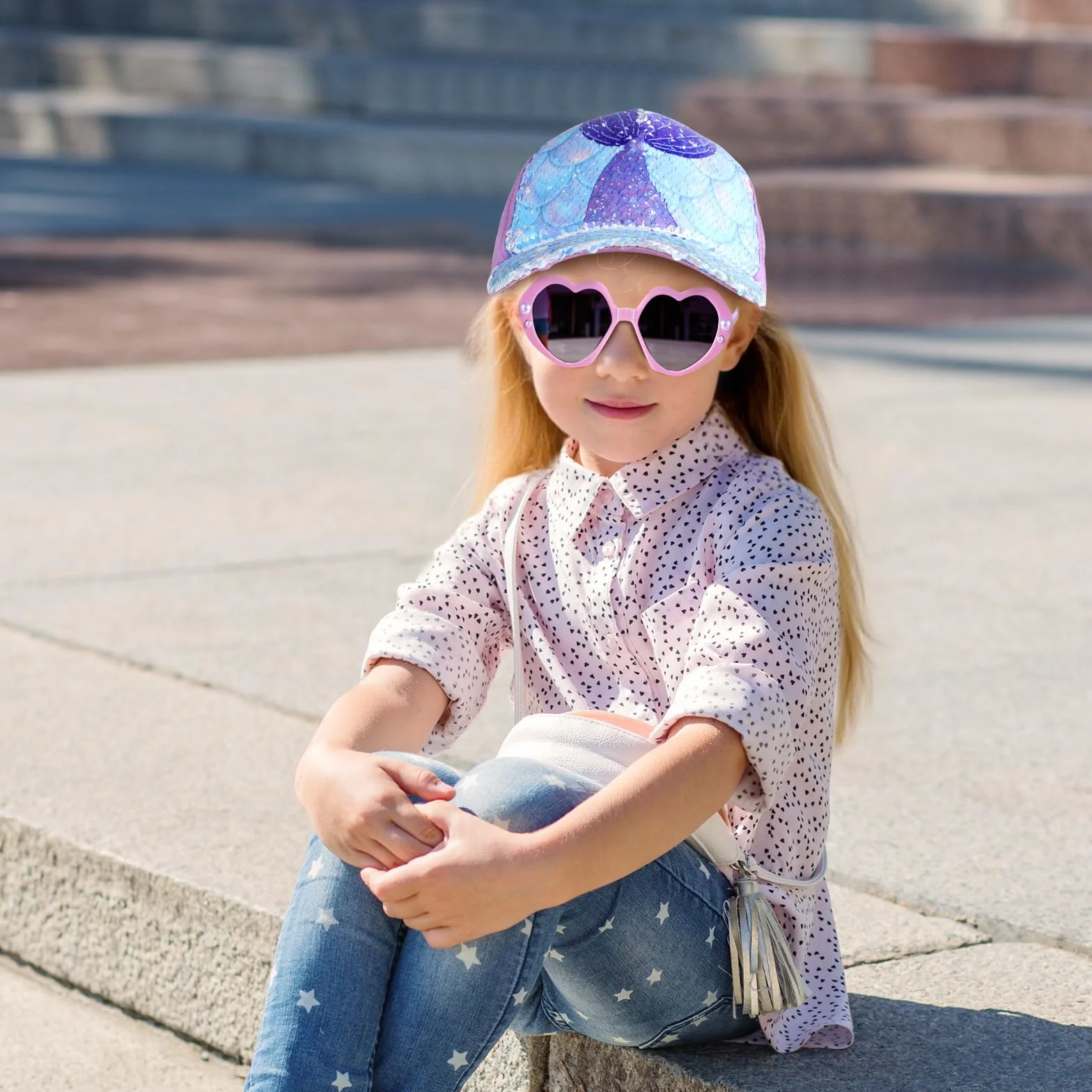 Czapki z daszkiem i okulary przeciwsłoneczne dla dziewczynek brokatowe syrenki regulowany kapelusz baseballowy