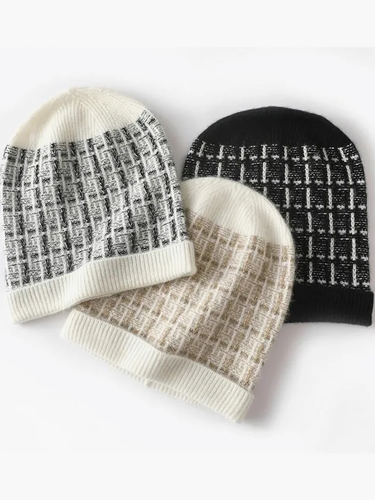 Kaszmirowa czapka zimowa damska ciepła czapka outdoorowa czapka beanie dzianinowa krata w paski kaszmirowa czapka zabezpieczająca