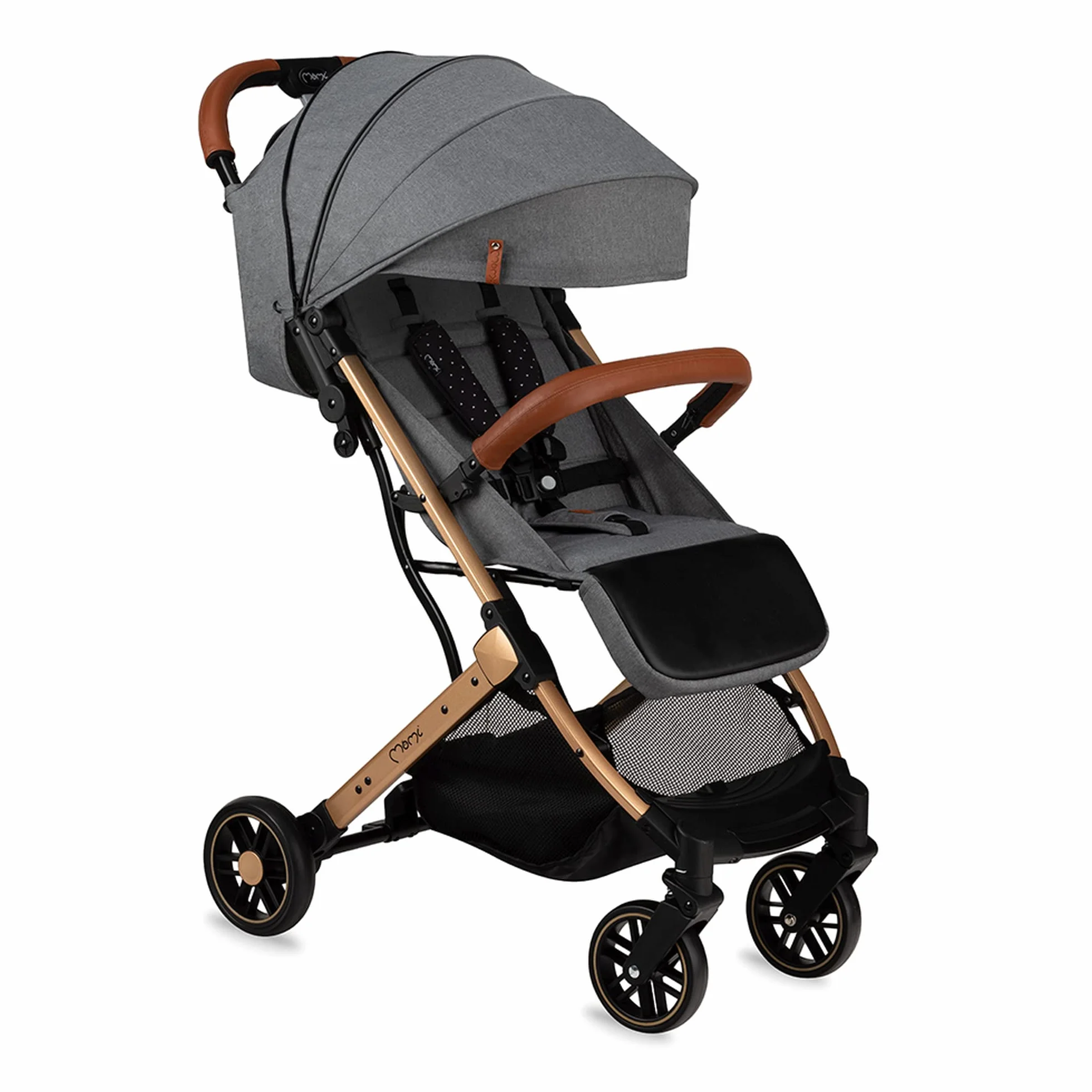 MOMI ESTELLE wózek dziecięcy dla dzieci od 6 miesięcy, do maks. wagi ciała 15 kg, składany do wymiarów 65 x 51 x 21 cm, waga 7,5 kg, 5-punktowy pas bezpieczeństwa, walizka, szaro-złoty