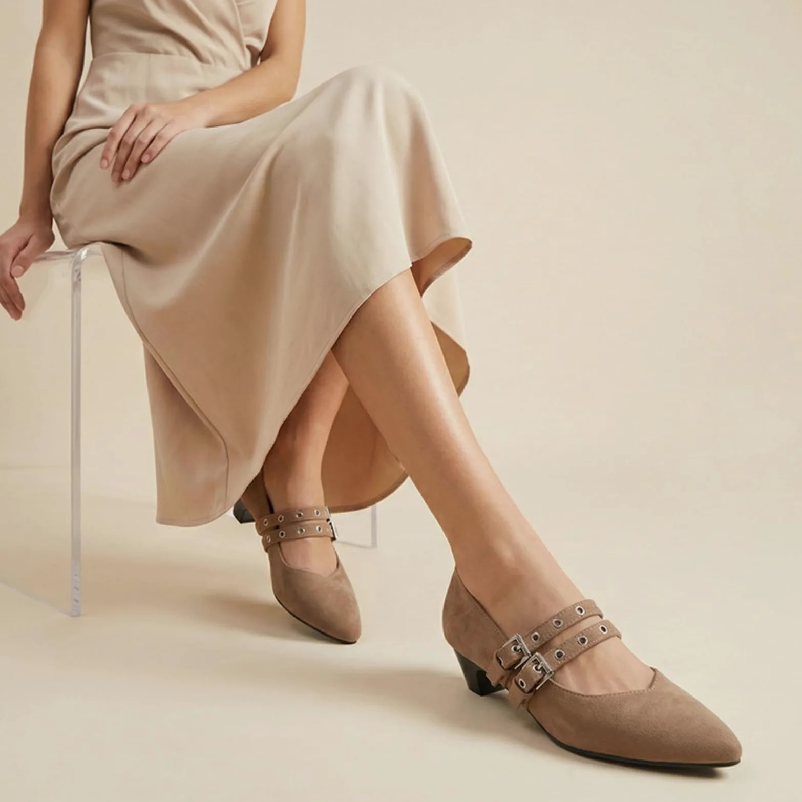 Czółenka Mary Jane Zamsz Podwójny Pasek Klamra Ostry nosek Średni Obcas Damskie Eleganckie Buty Do Pracy