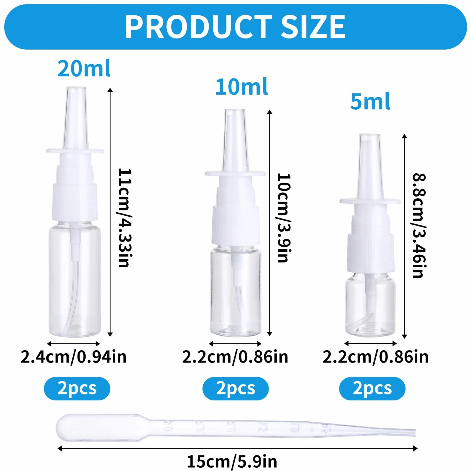Giantree 6 pustych butelek z aerozolem do nosa, 5 ml, 10 ml, 20 ml, z 1 kroplomierzem, pusta butelka do nosa