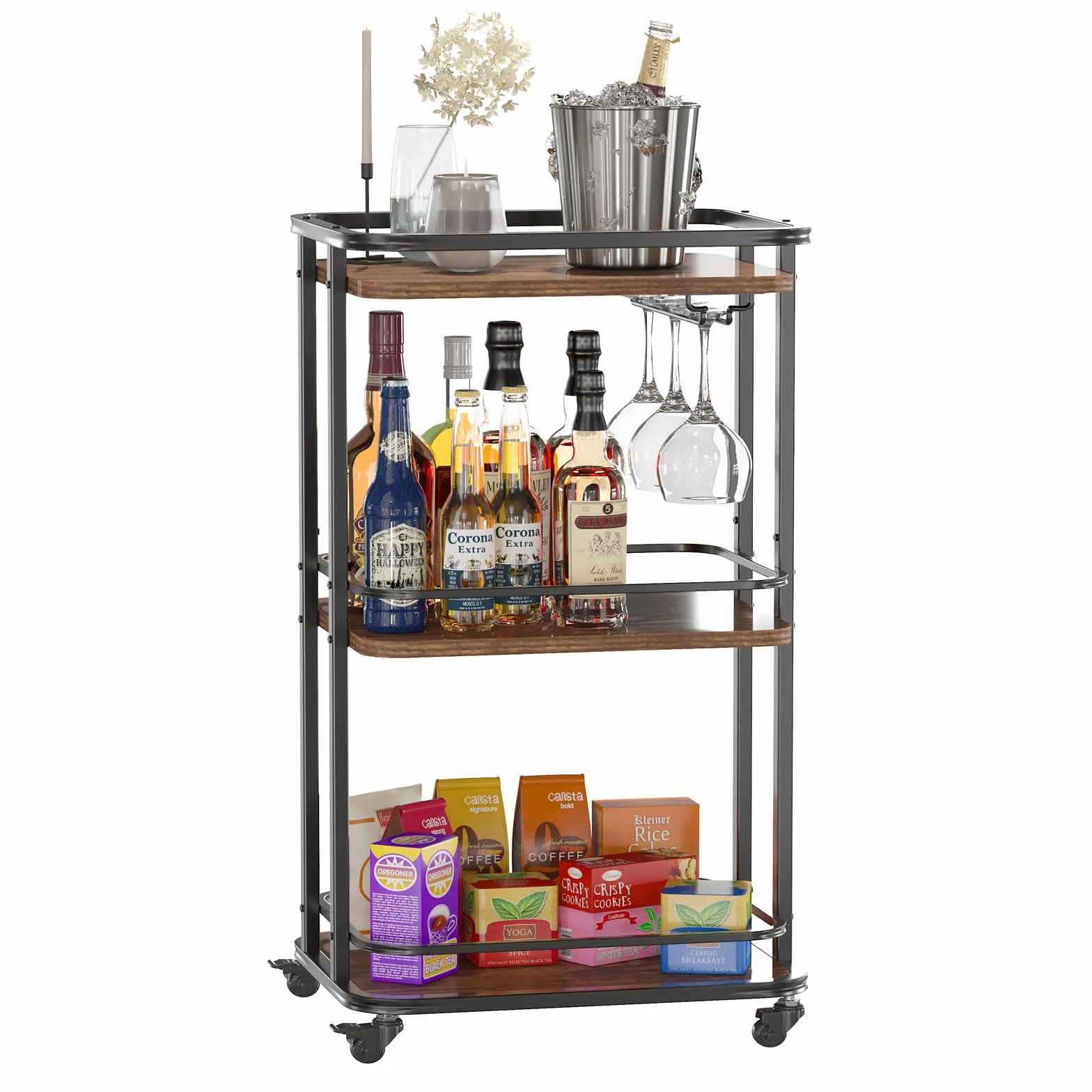 IBUYKE TMJ319H 3-poziomowy wózek do serwowania, kuchenny wózek do przechowywania z kółkami, 30 x 15,75 x 33,07 cm, do domu, na zewnątrz, kuchni, sypialni
