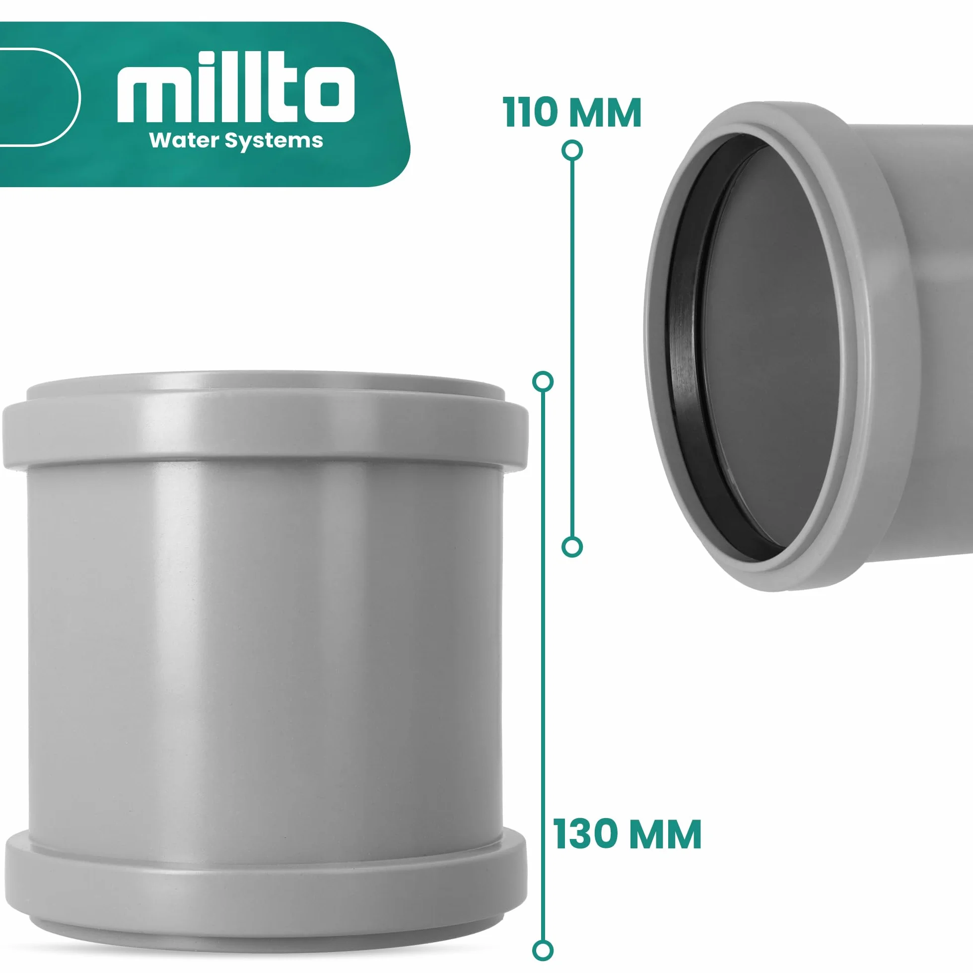 Millto Mufa rura kanalizacyjna 110 x 110 mm, szara, PP, połączenie, połączenie, system rur kanalizacyjnych, odporność chemiczna, z 2 gumowymi pierścieniami uszczelniającymi
