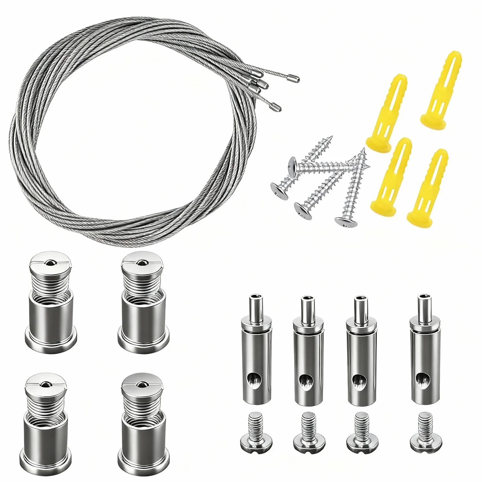 Regulowane zawieszenie lampy, 4 sztuki, 2 m, stal odporna na zużycie, linka stalowa z oczkami, uchwyt na linę drucianą, uniwersalny zestaw do zawieszania lamp, wieszaków, kaset reklamowych