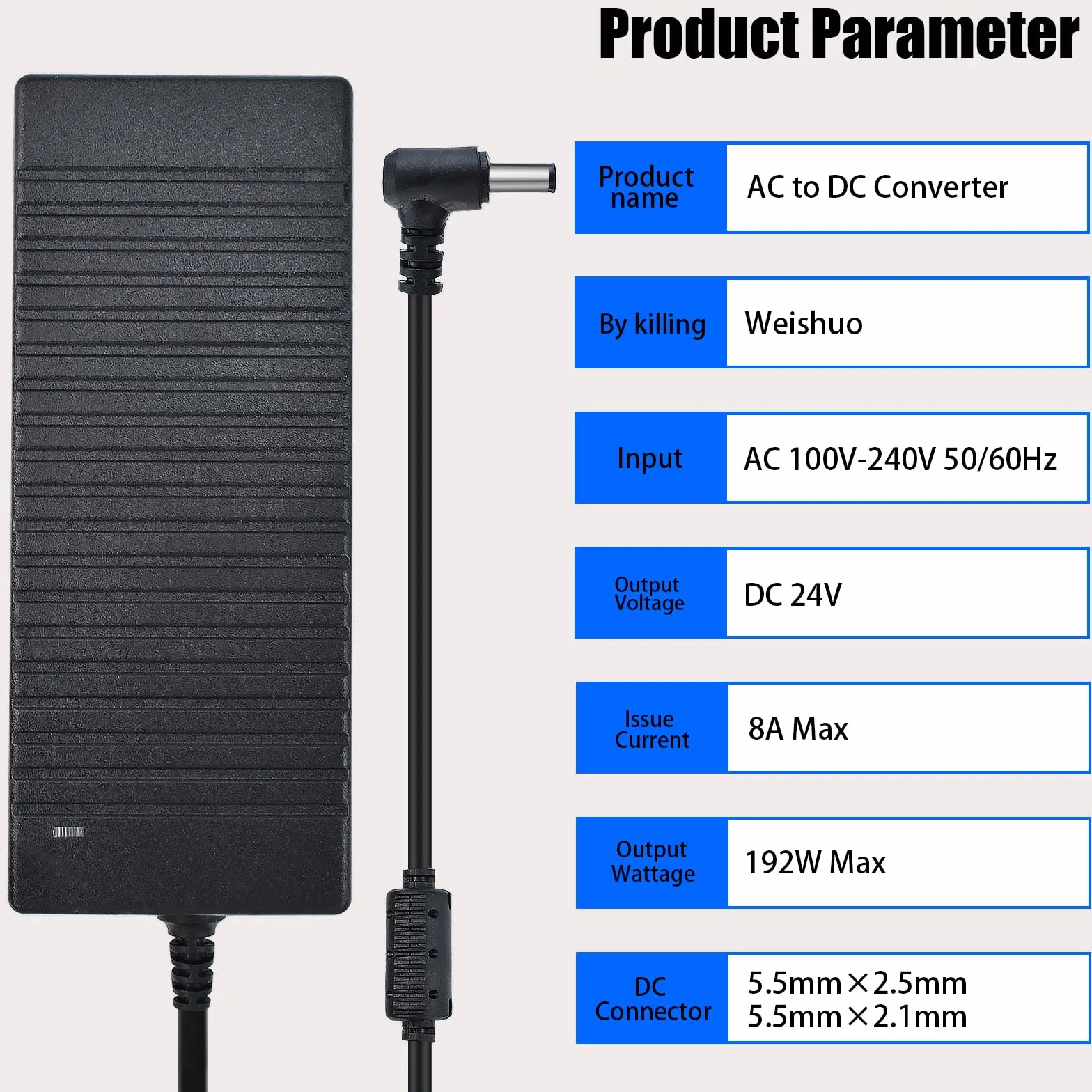 Zasilacz AC 100-240 V do 24 V 8A, transformator 192 W, adapter sieciowy, konwerter z 5,5 x 2,5 mm, gniazdo wyjściowe DC do taśm LED, monitorów LCD, DVD, telewizorów