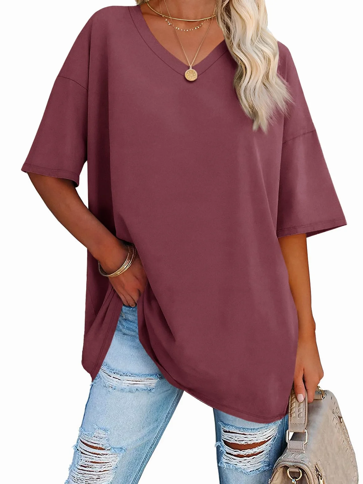 Damskie koszulki oversize bawełniane t-shirty dekolt w serek